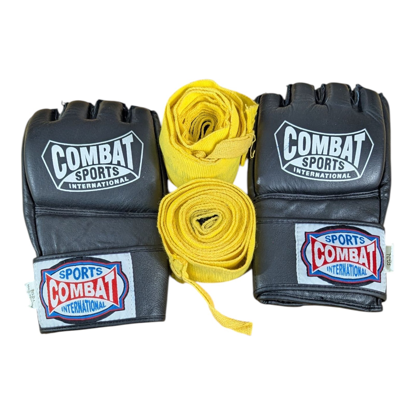 Combat Sports MMA Sparring Fighting Gloves Open Palm Black Large with Wraps