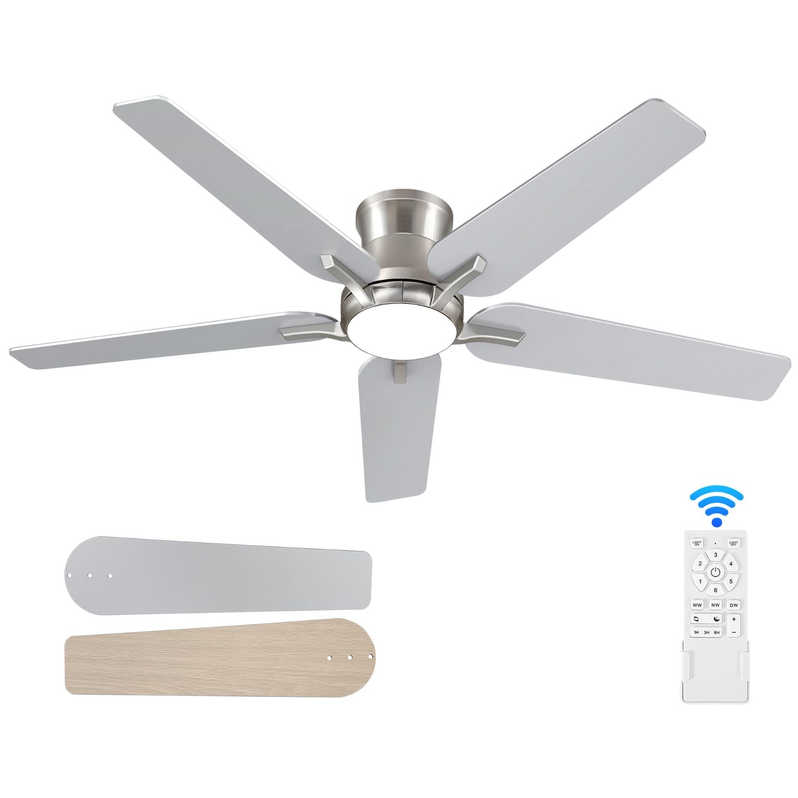 52" Ceiling Fan with Lights & Remote - Brushed Nickel, Low Profile, Dimmable, 6