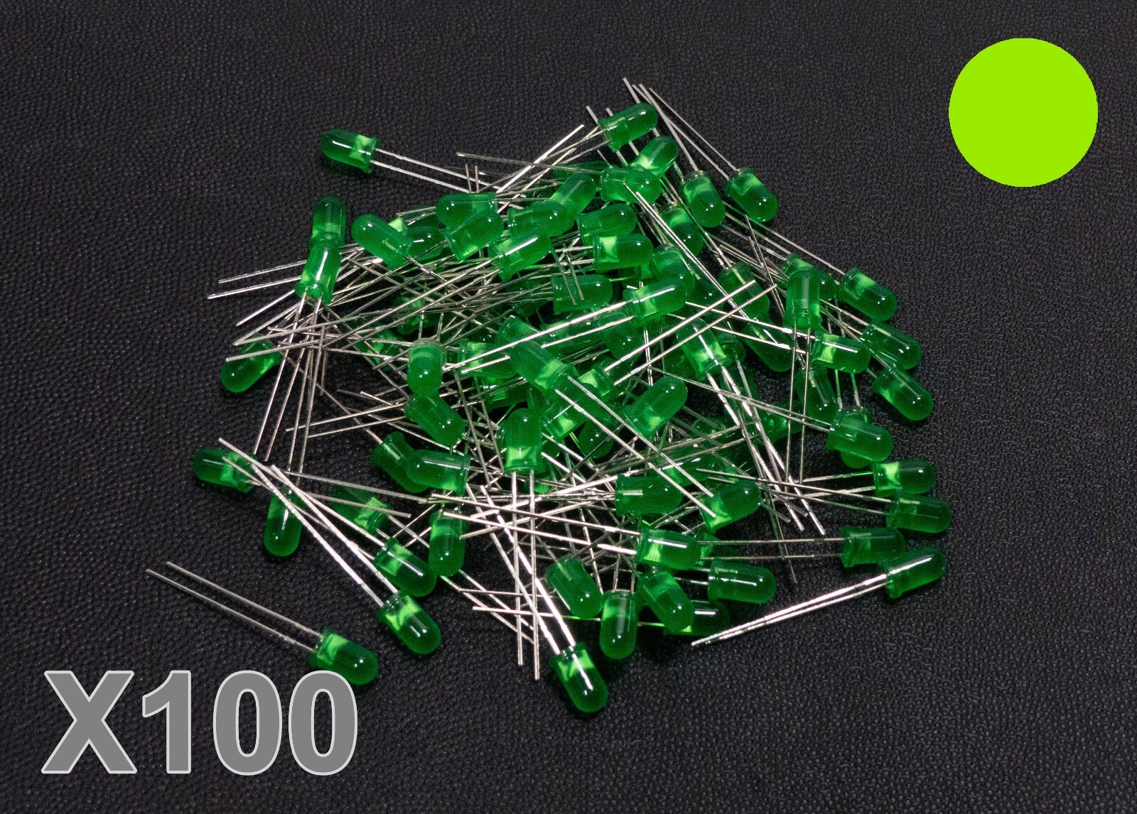 100pcs Yellow Green 5mm 2-pin LED with Diffuse Green Colored Lens