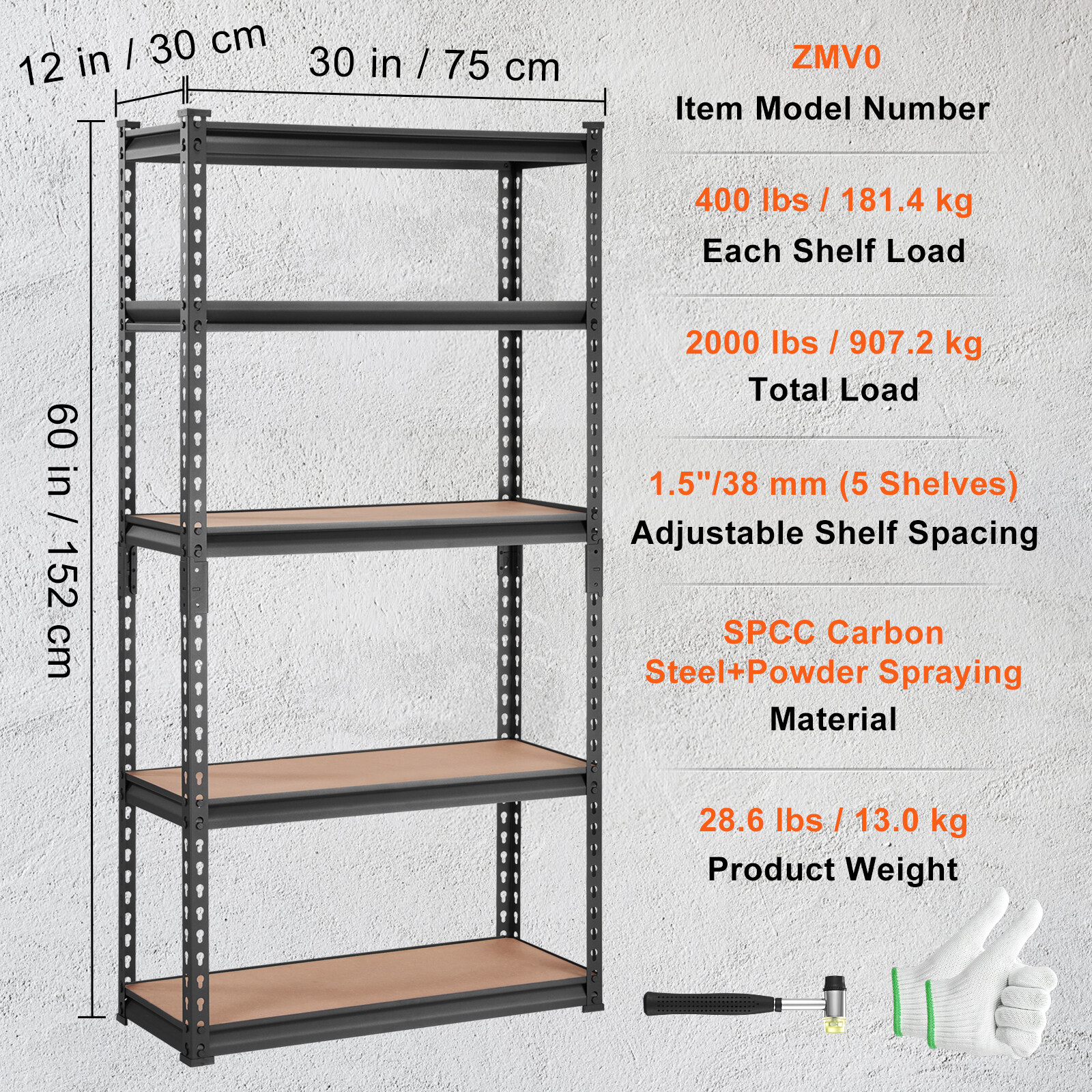 VEVOR 12"D x 30"W x 60"H 5 Shelf Steel Shelving Rack Garage Storage 2000lbs Load