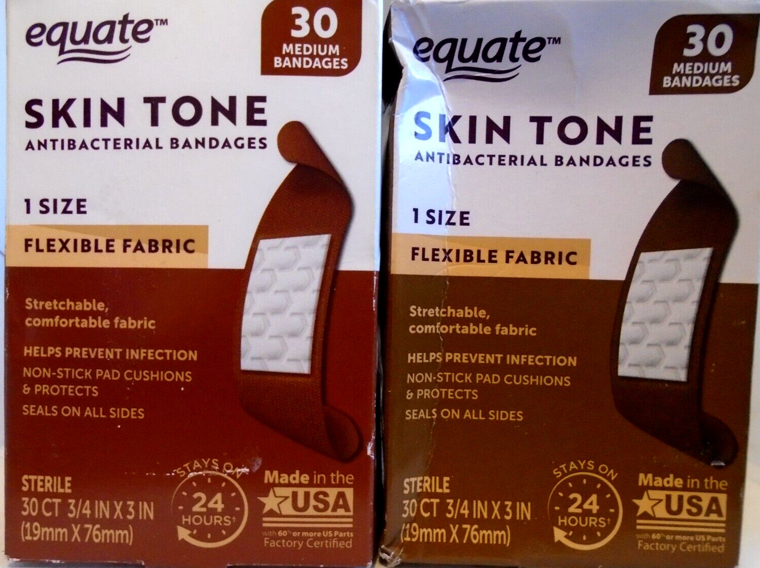 Equate Skin Tone Antibacterial Bandages 30 ct ea (60 Total) Box Damage Med/Dark