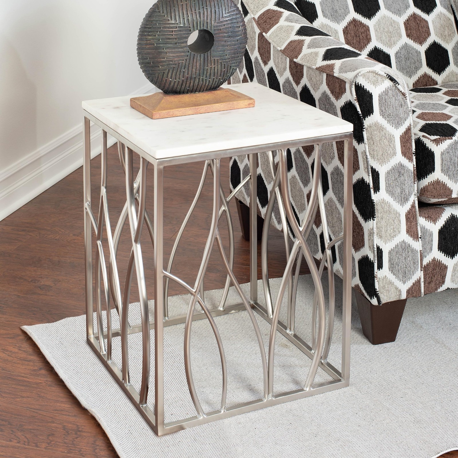 Marble End Table with Stainless Steel Base - Modern Square Accent Table