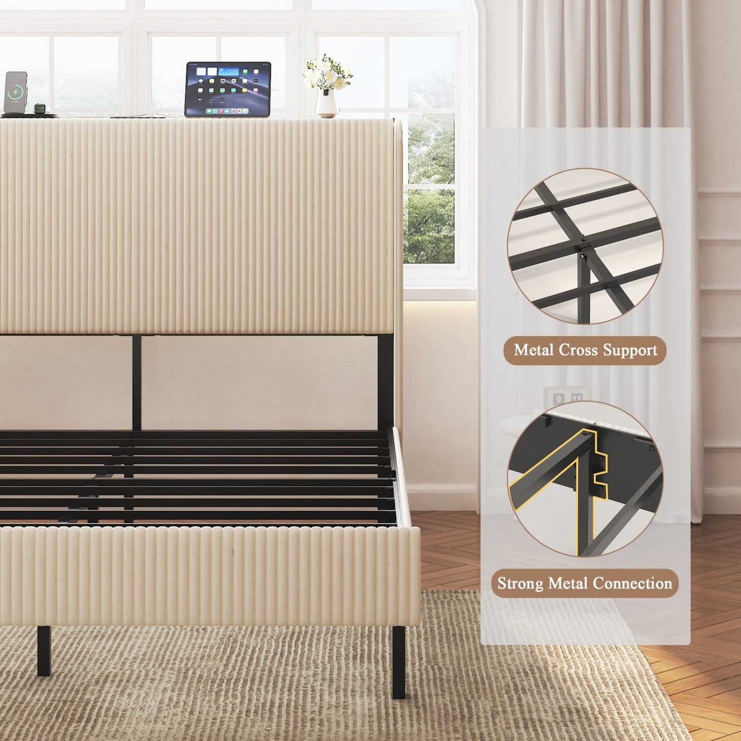Full/Queen/King Size Bed Frame Metal Platform Bed with Headboard & LED Lights