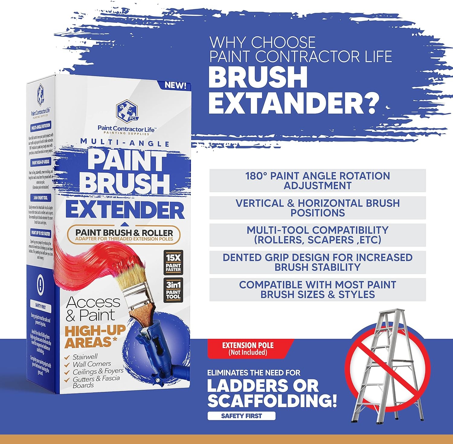 Multi-Angle Paint Brush Extender - Extension Pole Large, Multicolor