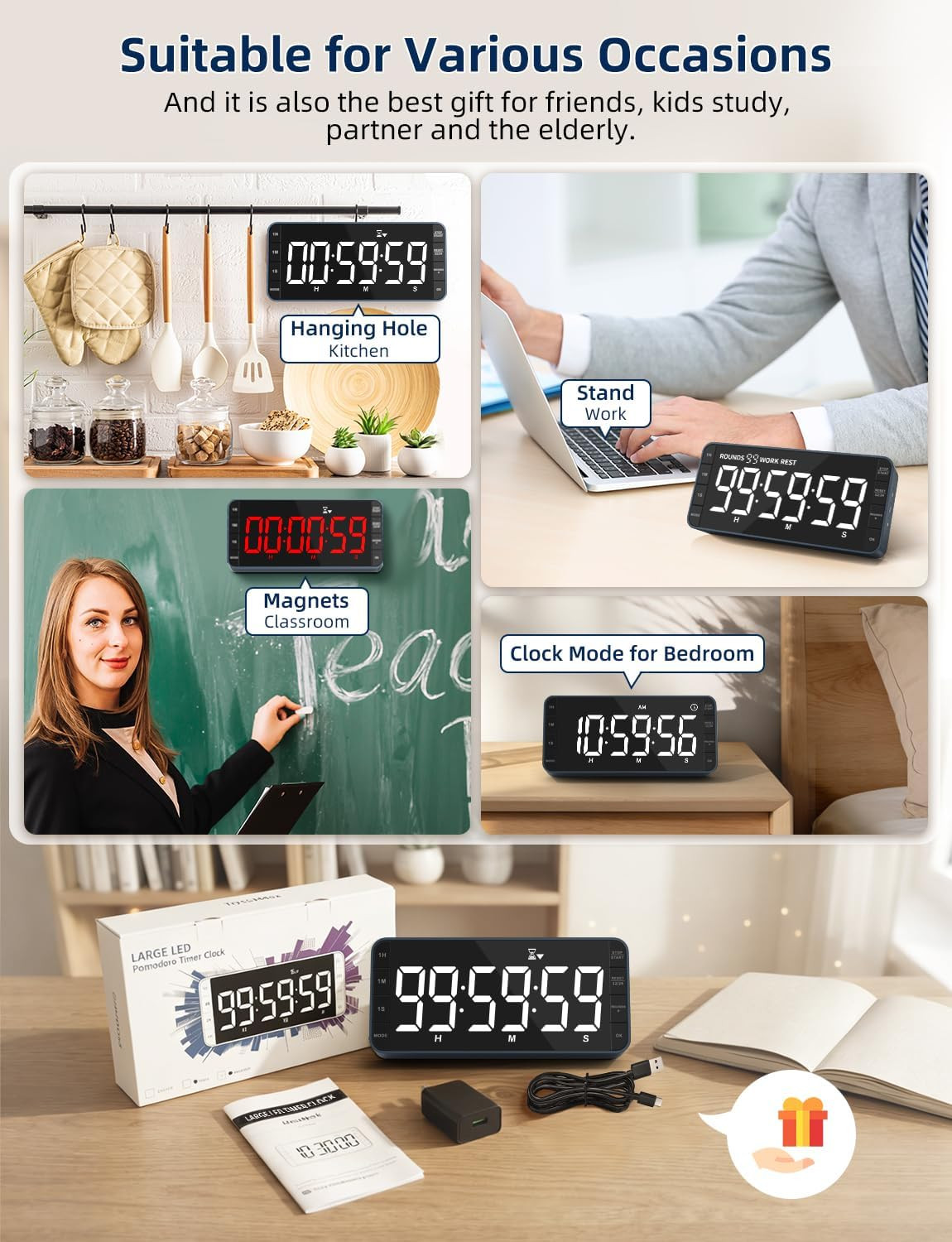 Large 7.8" Digital Timer with LED Display, Magnetic for Kitchen & Classroom | US