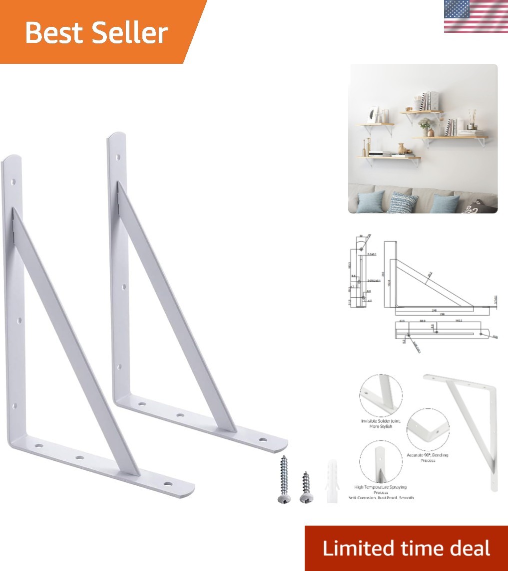 White Metal Shelf Brackets - 12x8 Inches with 600 lb Capacity, 2-Pack