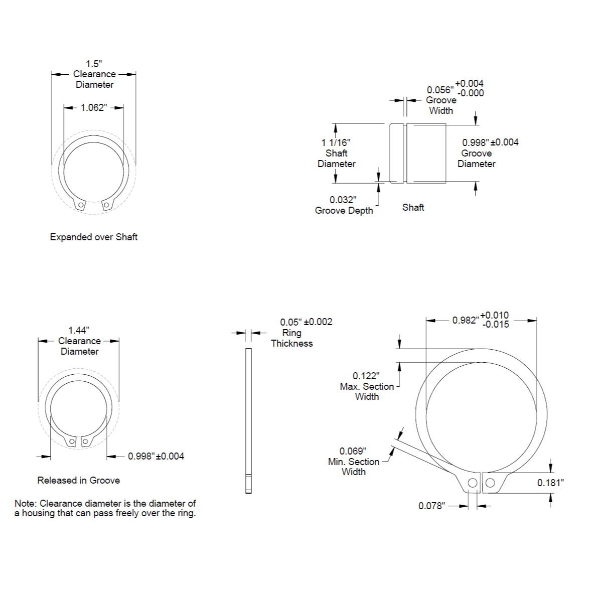 1 1/16" (1.062) External Snap Ring, Retaining Ring, SAE Black Phosphate Inch NEW