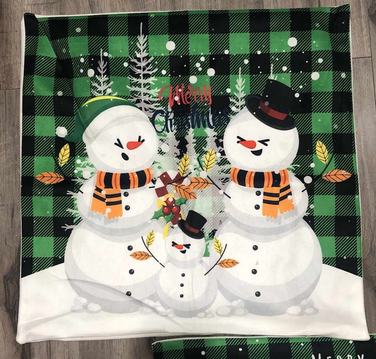 3 Merry Christmas Pillow Covers 18”x18” Green Buffalo Plaid Snowman Santa
