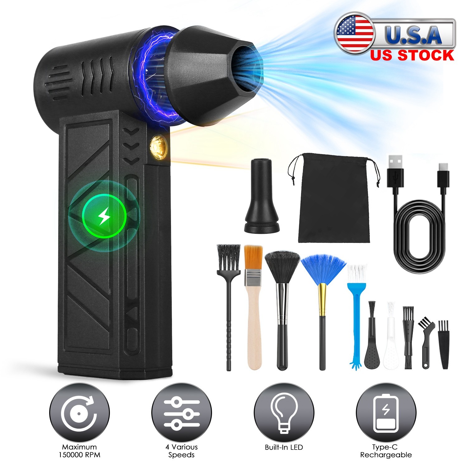 150K RPM Cordless Air Duster LED Light & 4 Speeds Rechargeable Blower Multi-Use