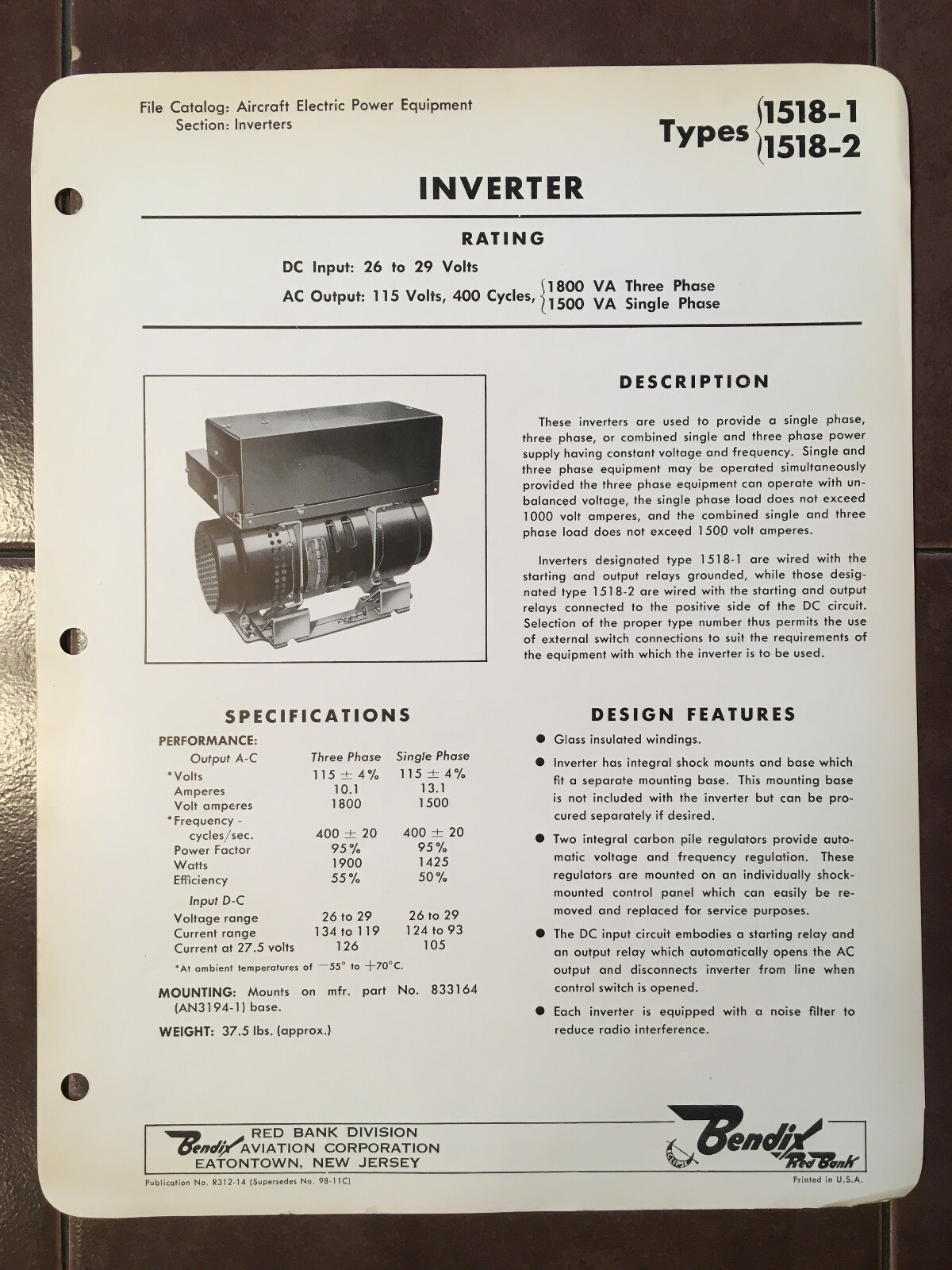 Bendix 1518-1 & 1518-2 Inverter Data Sheet with Wiring Diagram.