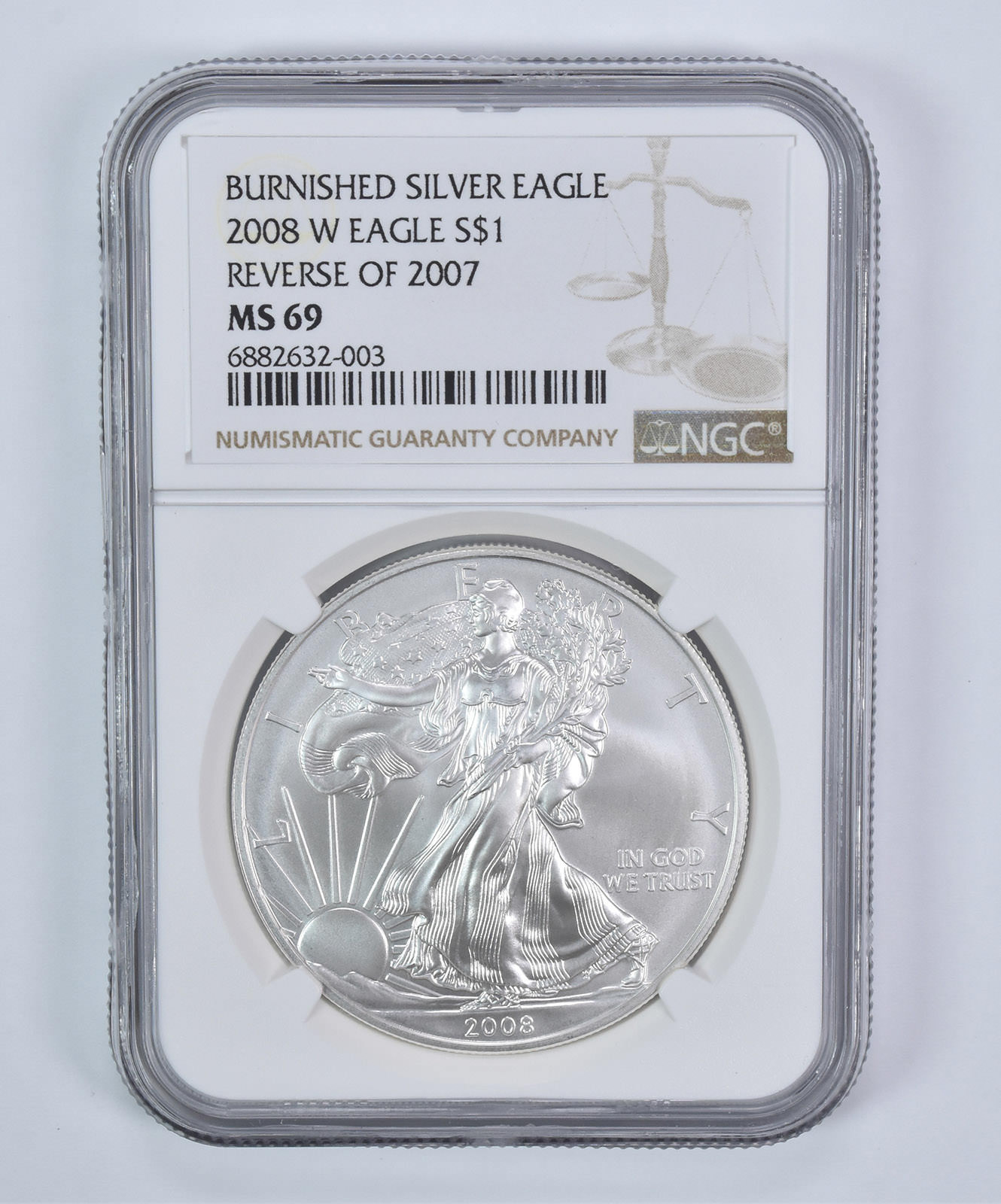 2008-W Burnished Silver Eagle Reverse Of 2007 MS69 NGC Brown Label