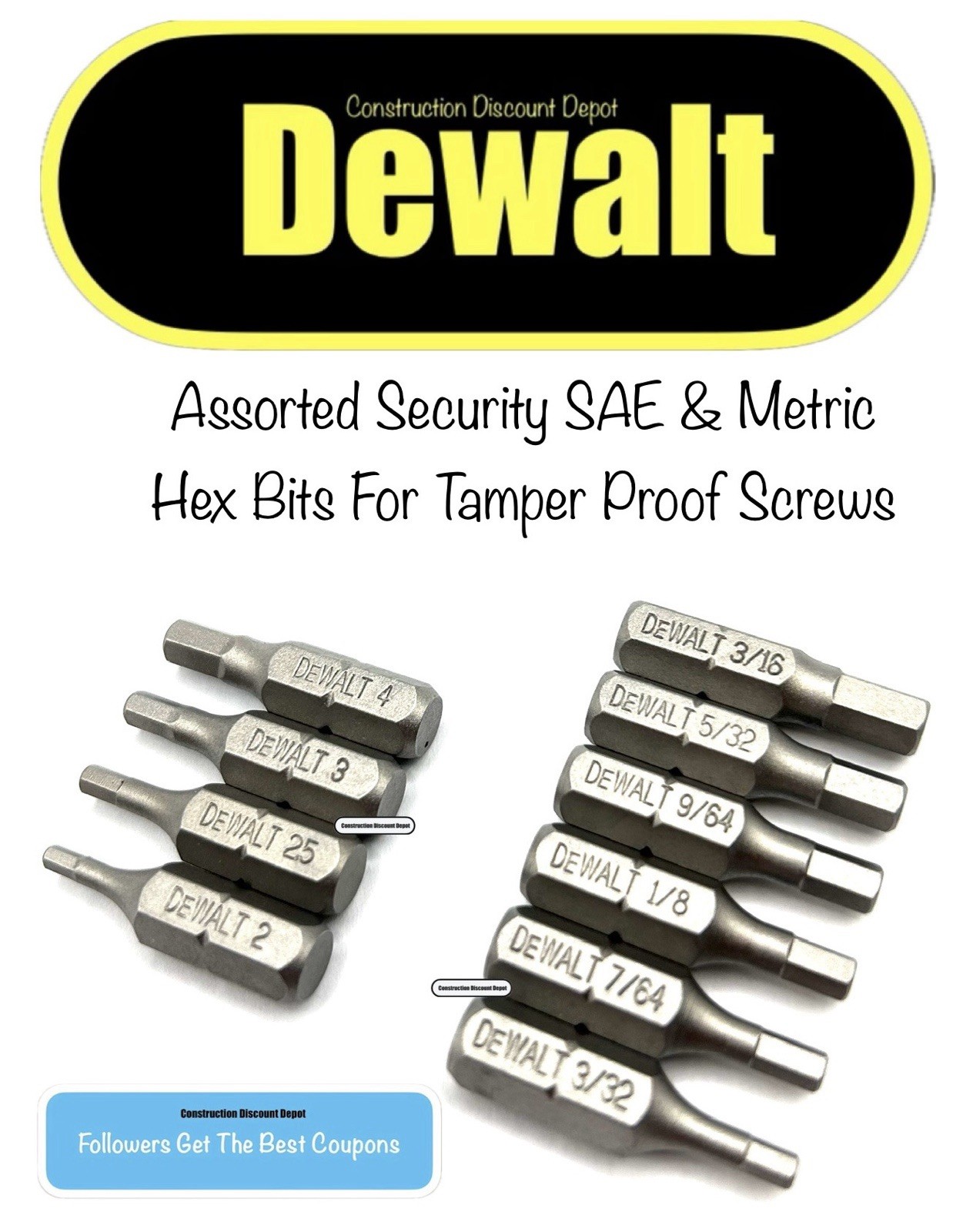 Dewalt SAE And Metric Hex Allen Security 1" Bit Set For Tamper Proof Screws