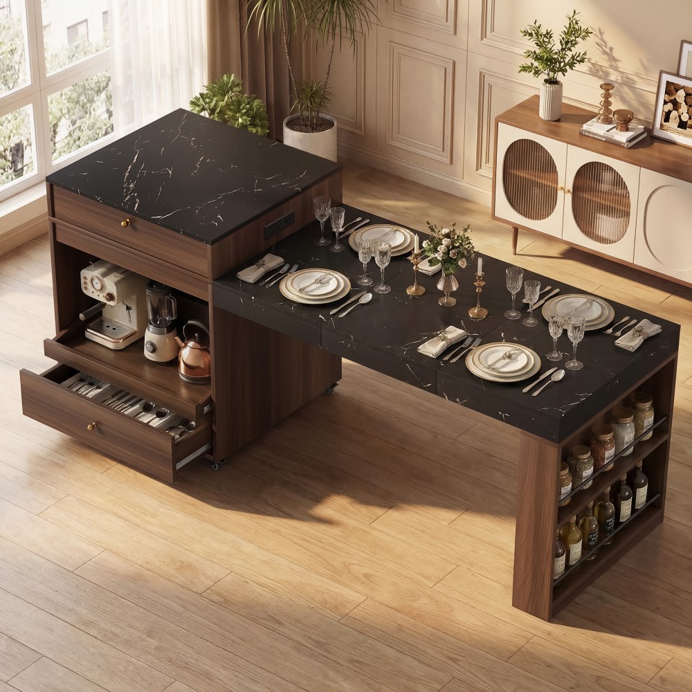 78.8" Rolling Kitchen Island – Extends to Seat 6–8,Power Outlet, Storage, Wheels