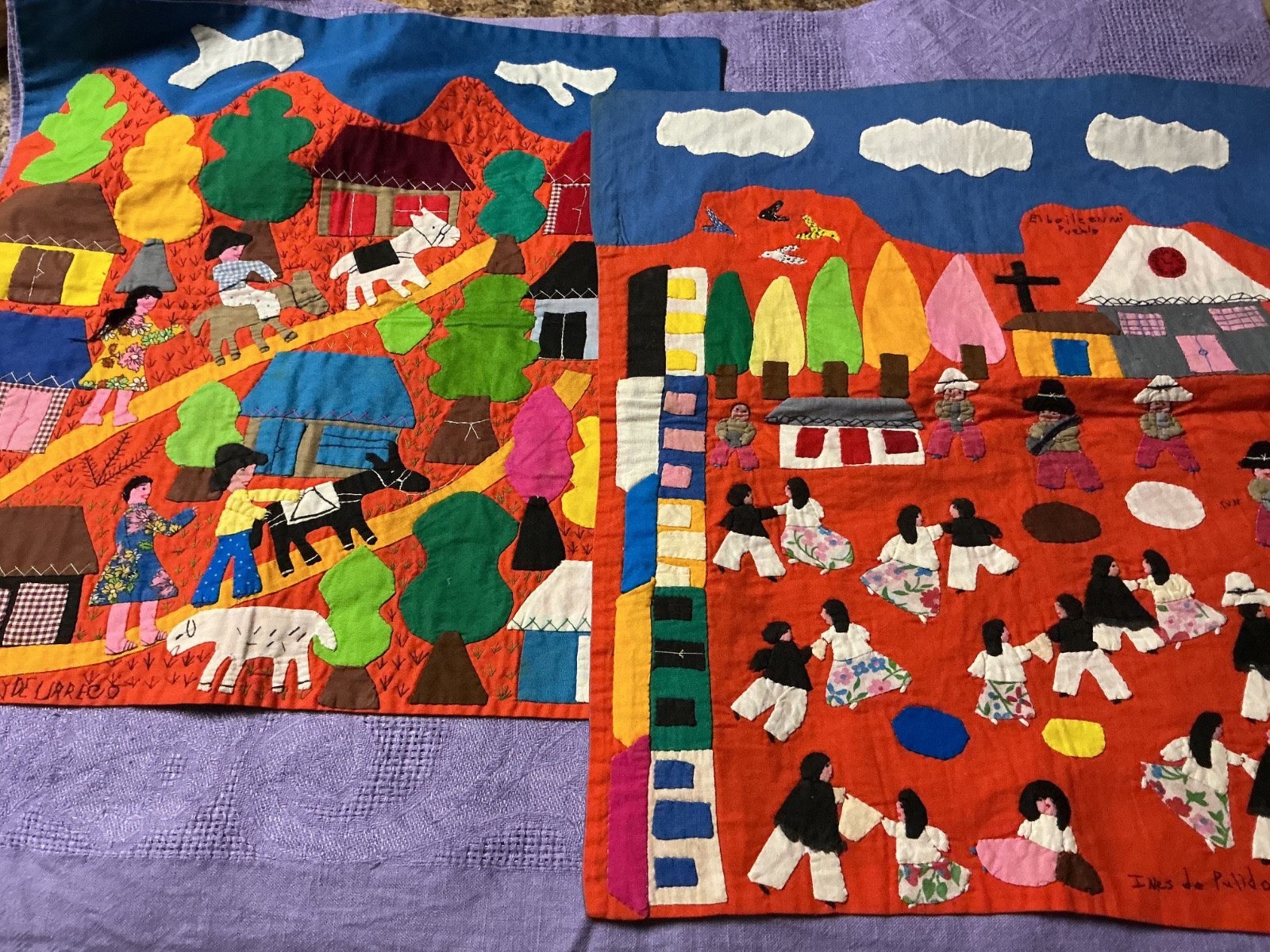 2 VINTAGE PERUVIAN/ANDEAN HAND SEWN APPLIQUE WALL HANGINGS