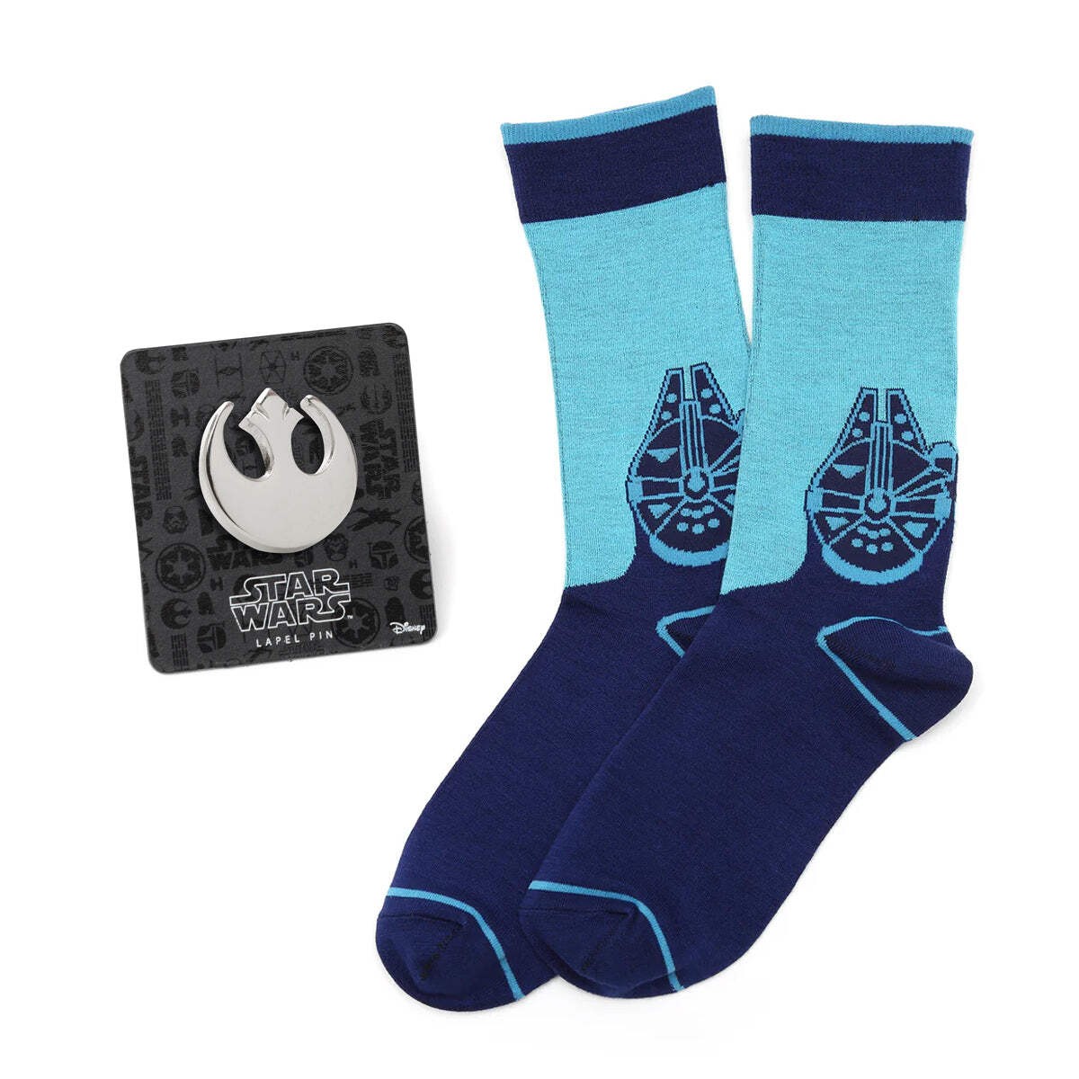 Star Wars Millennium Falcon Blue Mod Dress Socks and Rebel Crest Lapel Pin Gift