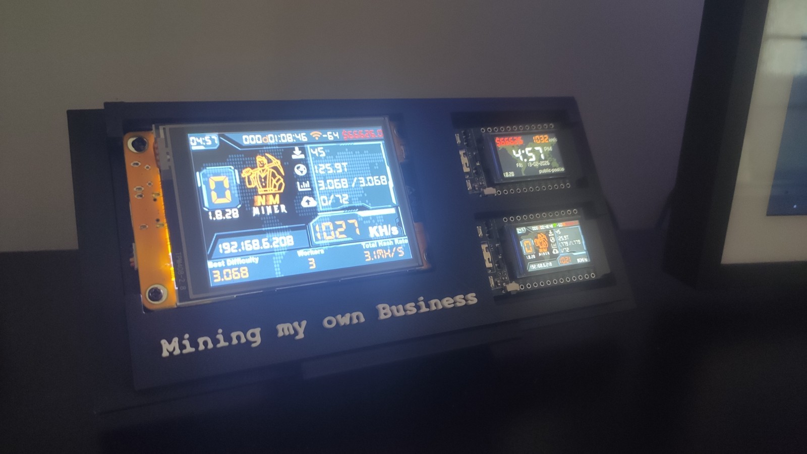 NM Nerd Miner Crypto Mining Rig - 3 x 1050 kh/s - Ticker - Wall Mountable Miner
