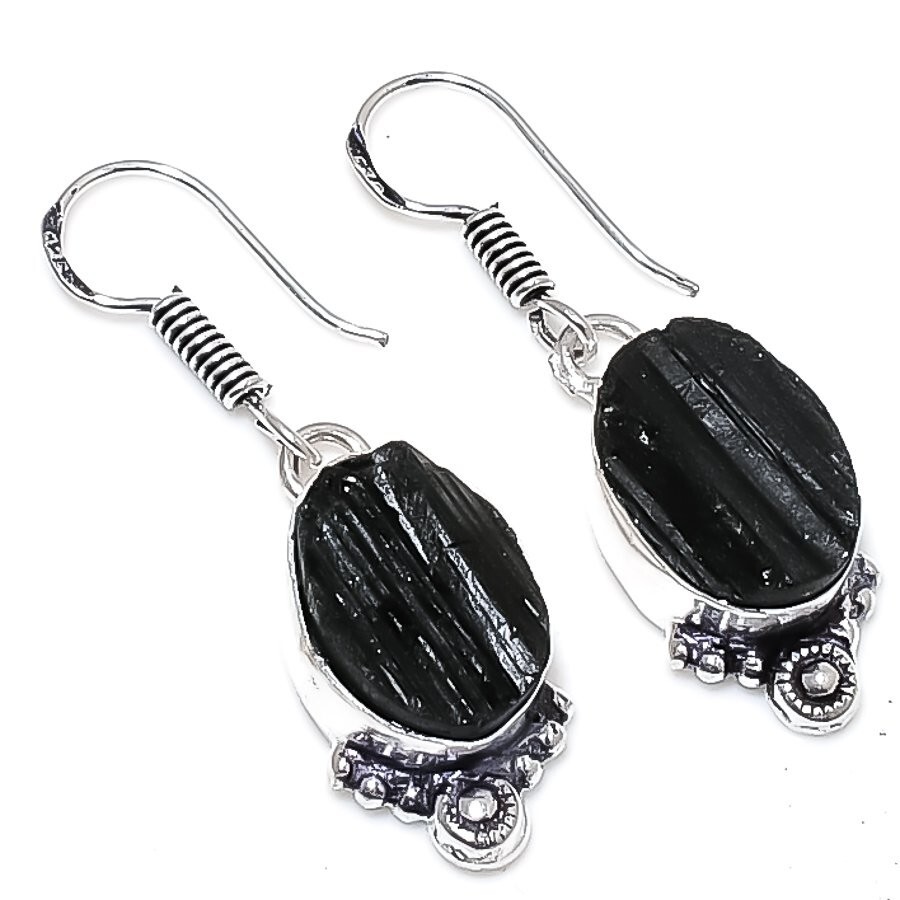 Black Tourmaline Gemstone Handmade 925 Sterling Silver Earrings Size 0.99"