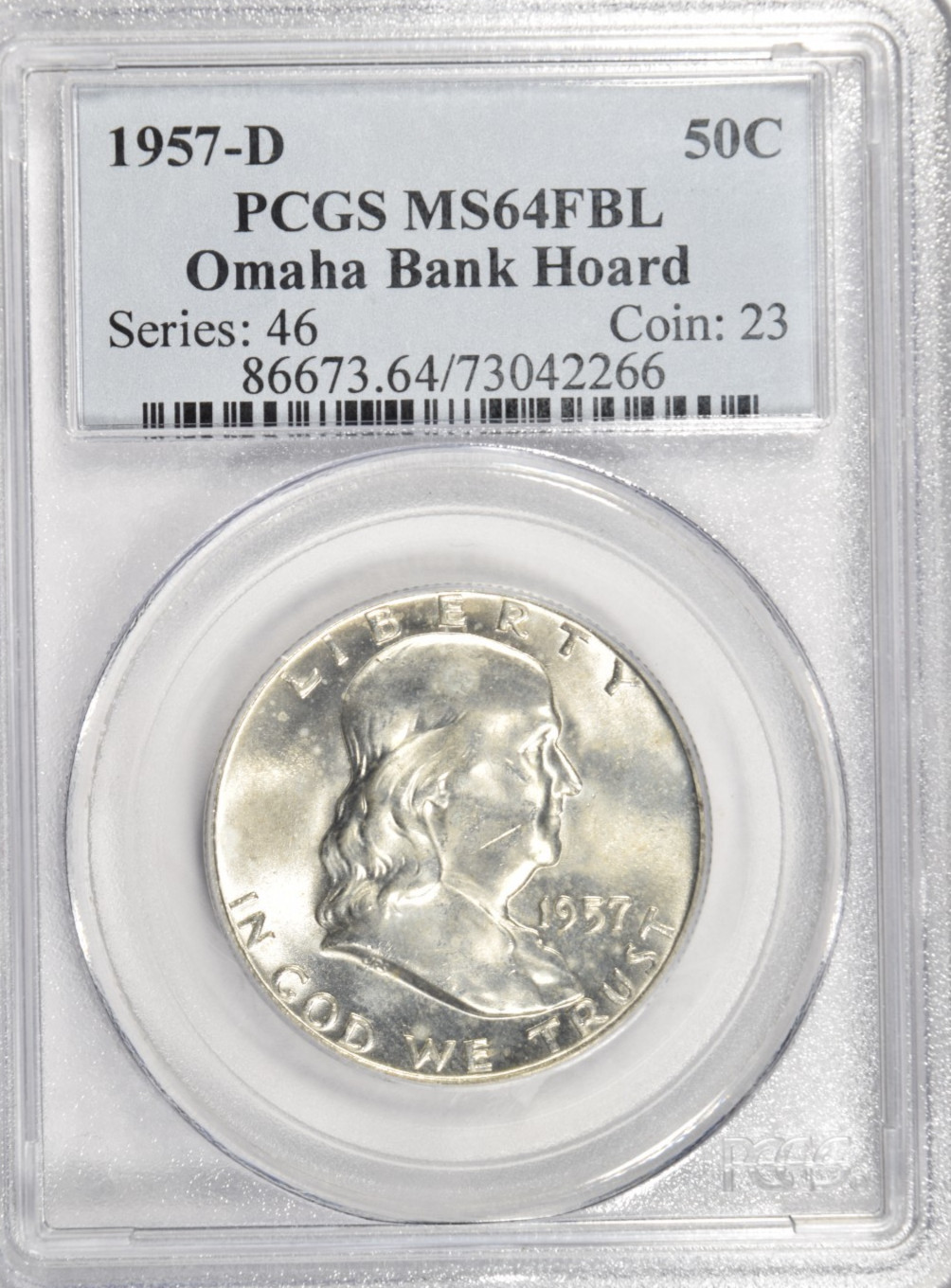 1957 D FRANKLIN HALF DOLLAR ~ PCGS MS64 FBL ~ OMAHA BANK HOARD BRIGHT WHITE #226