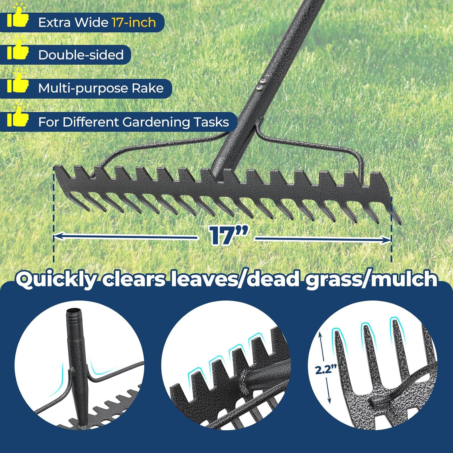 Garden Rake, 17" Extra Wide Double-Sided Head, 63" Heavy Duty Lightweight Stainl