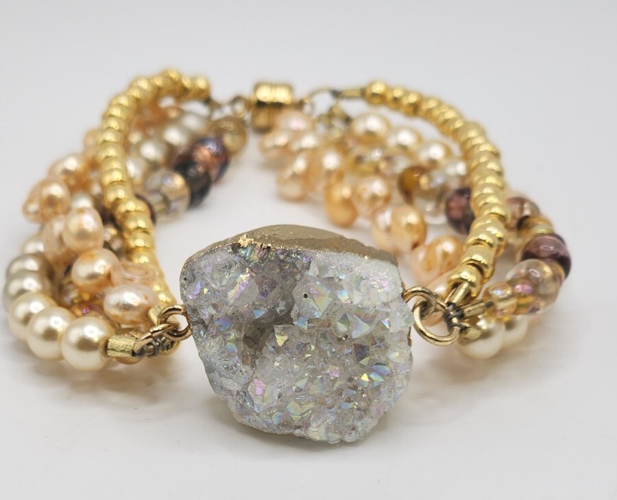 Boho Multistrand Druzy Faux Pearl Glass Bead 7.5" Handcrafted Gold Tone Bracelet