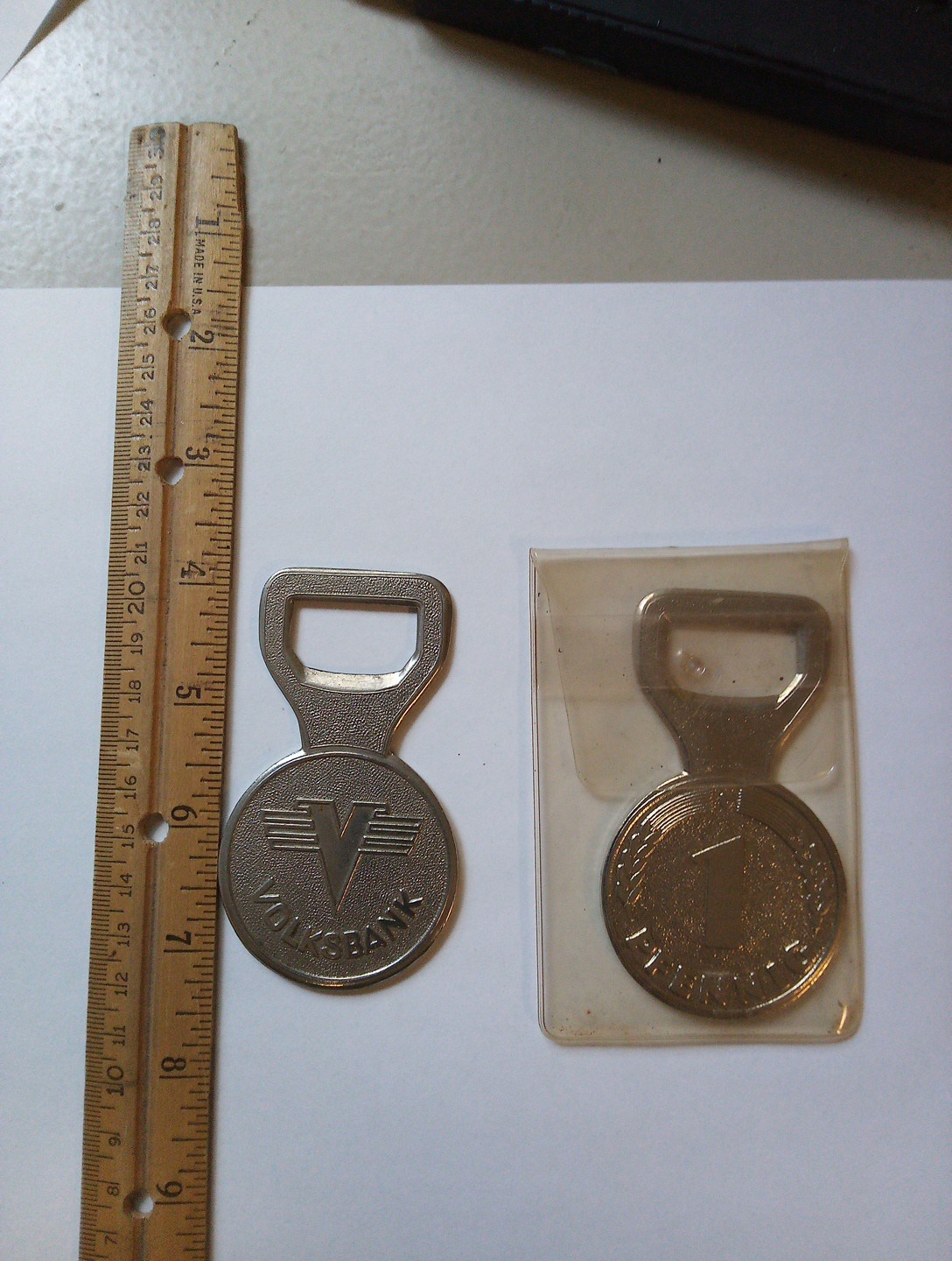 2- Volksbank , 1 Phennig, Solid Metal  Openers,   About 3 " Long