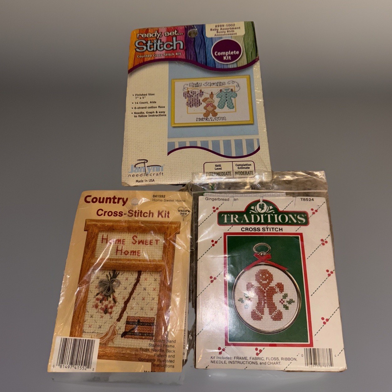 3 Lot Cross Stitch Projects Baby, Home Sweet Home, Gingerbread