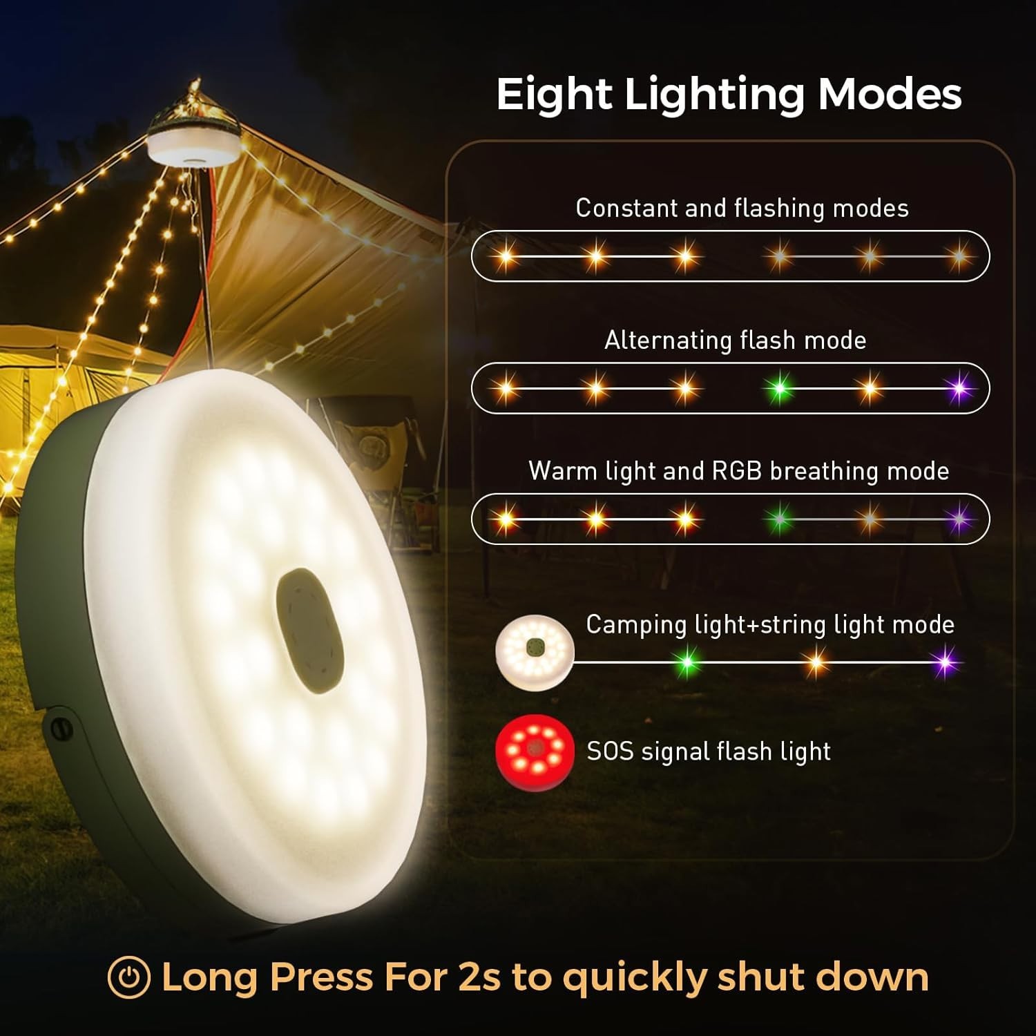 2 Pack Rechargeable Camping String Lights 32.8FT 8 Modes Waterproof Portable