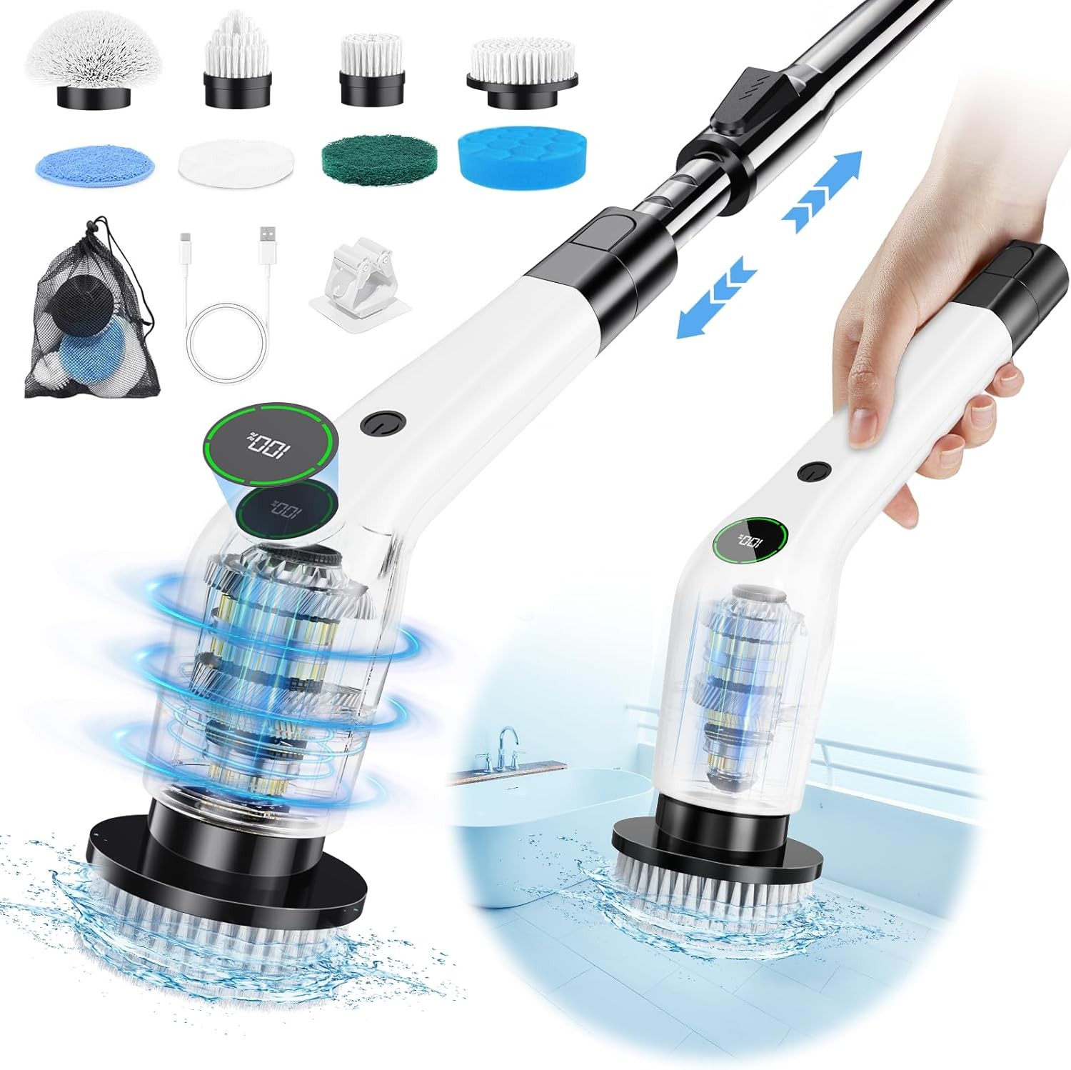 Electric Spin Scrubber Cordless Shower Scrubber 2 Speed Adjustable Handle Black