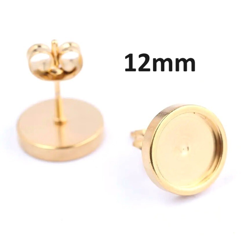 10 pcs 304 Stainless Steel Gold Plated Earring Posts Settings Bezel Tacks - 12mm