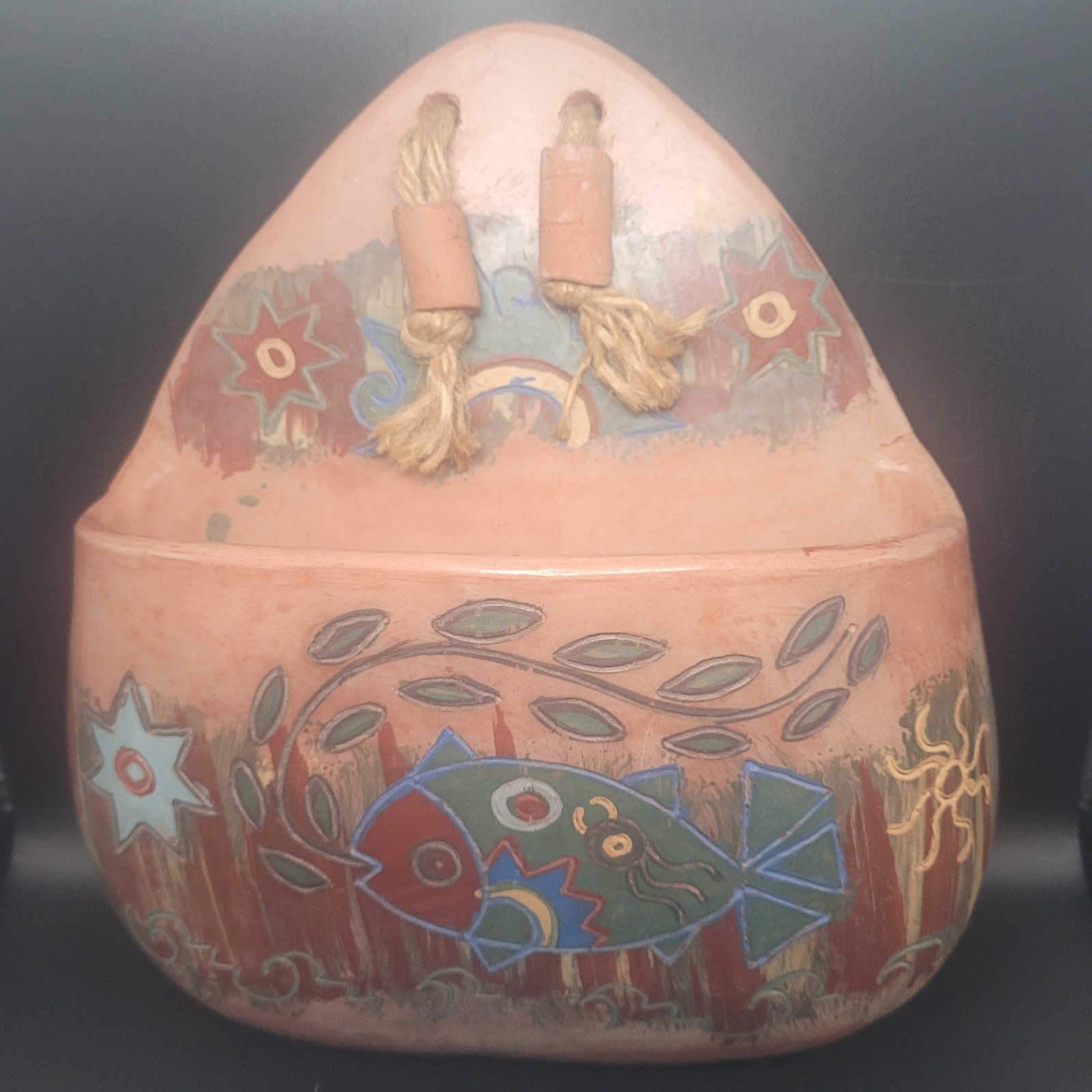 Seminario Ceramics Wall Pocket Fish Motif Urubamba Peru 8 in Wide 9 in Tall