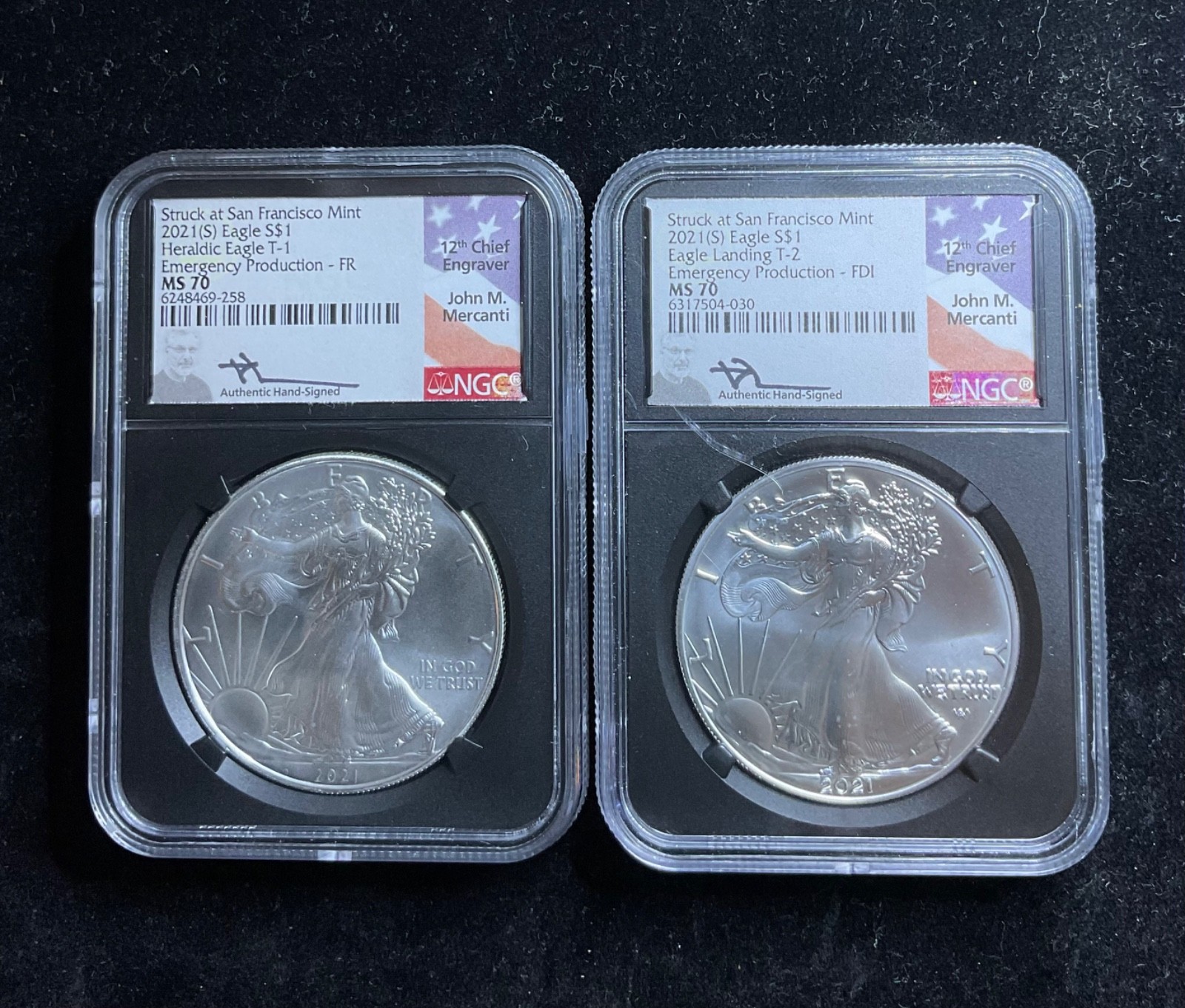 (2) 2021 S Silver Eagle Type 1 &2 Emergency Production NGC MS70 Mercanti Signed