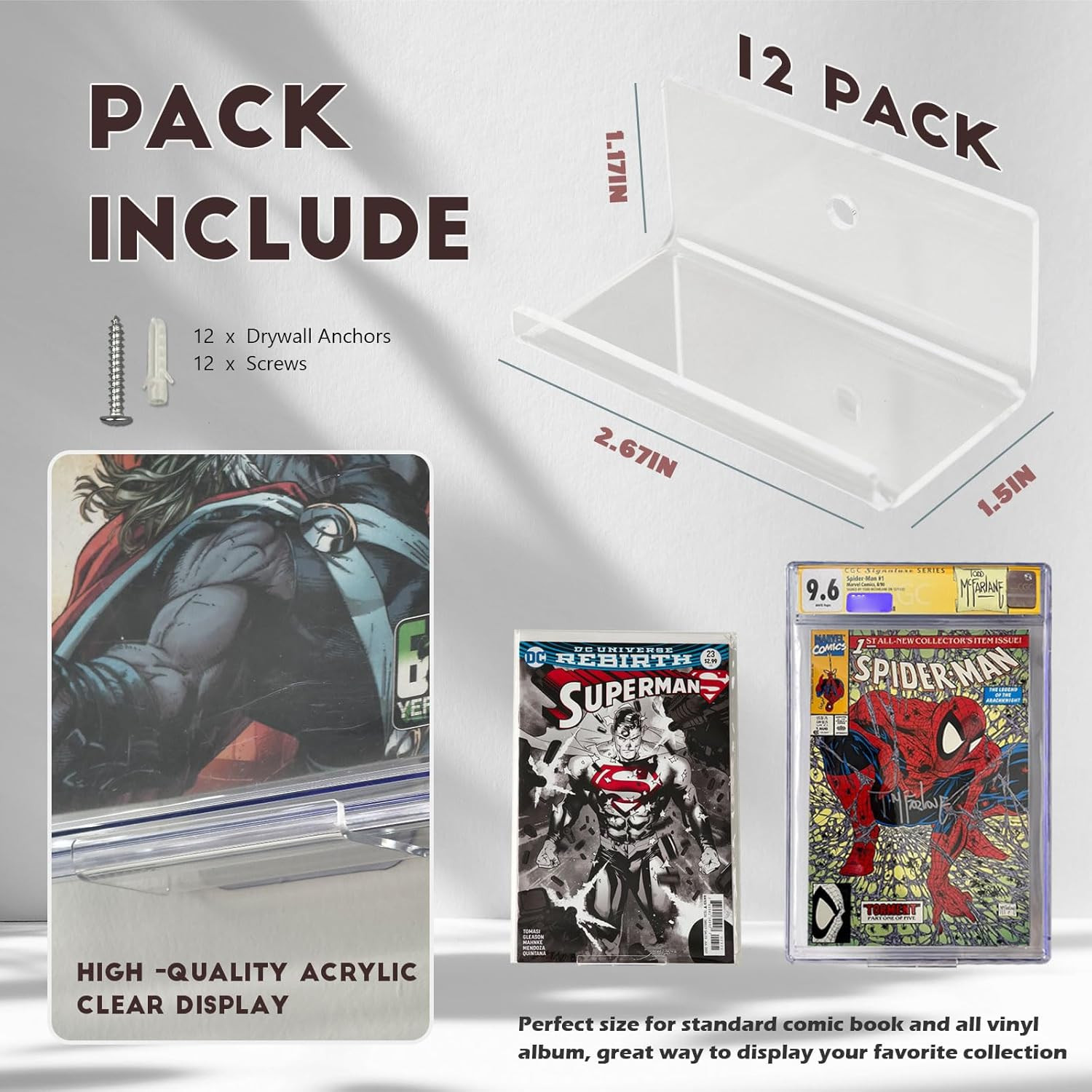12-Pack Transparent Floating Shelves for Comic Book Display and Wall Mounting