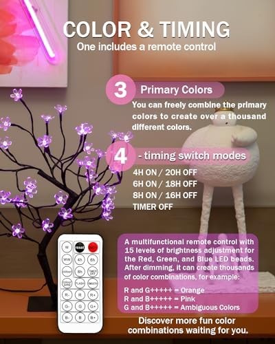 20in Cherry Blossom Bonsai Tree RGB Color-Changing Light with Base