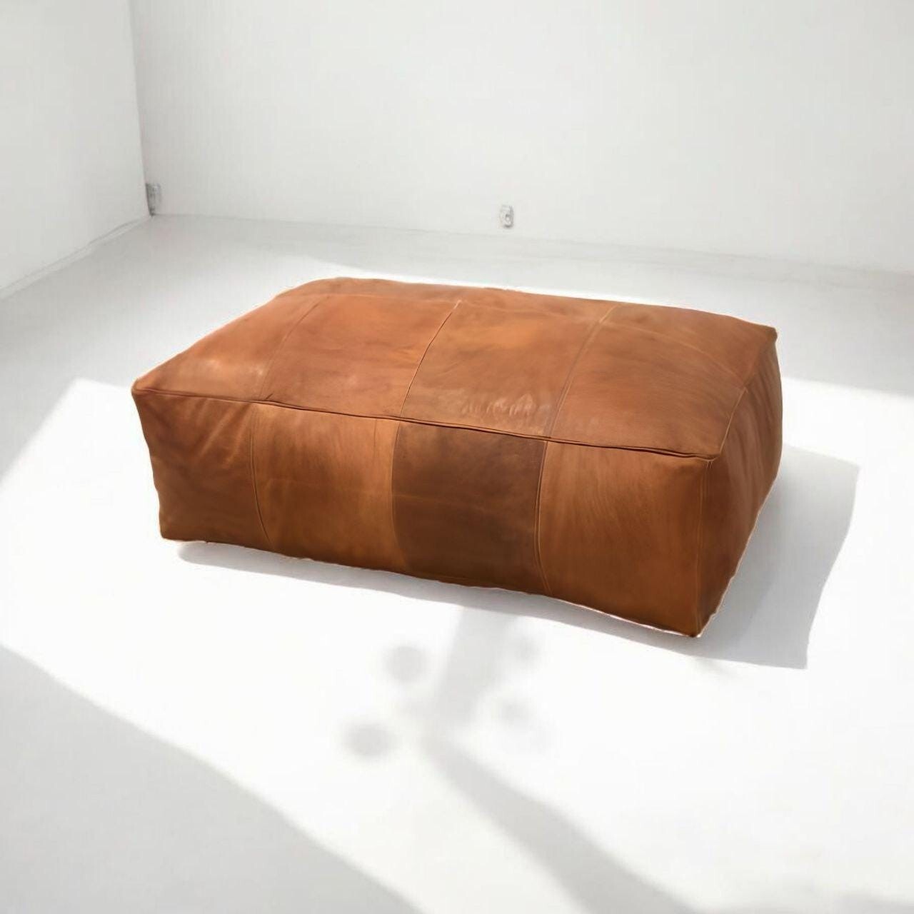 Rectangular Brown Leather Ottoman - Handmade Moroccan Pouf Footstool