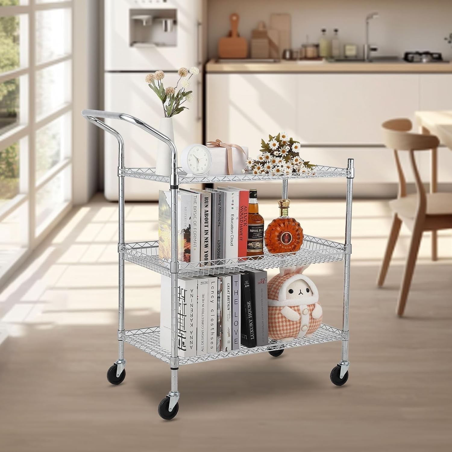 Heavy Duty Utility Cart with Handle 500lbs Capacity Metal 3 Tier Rolling Carts