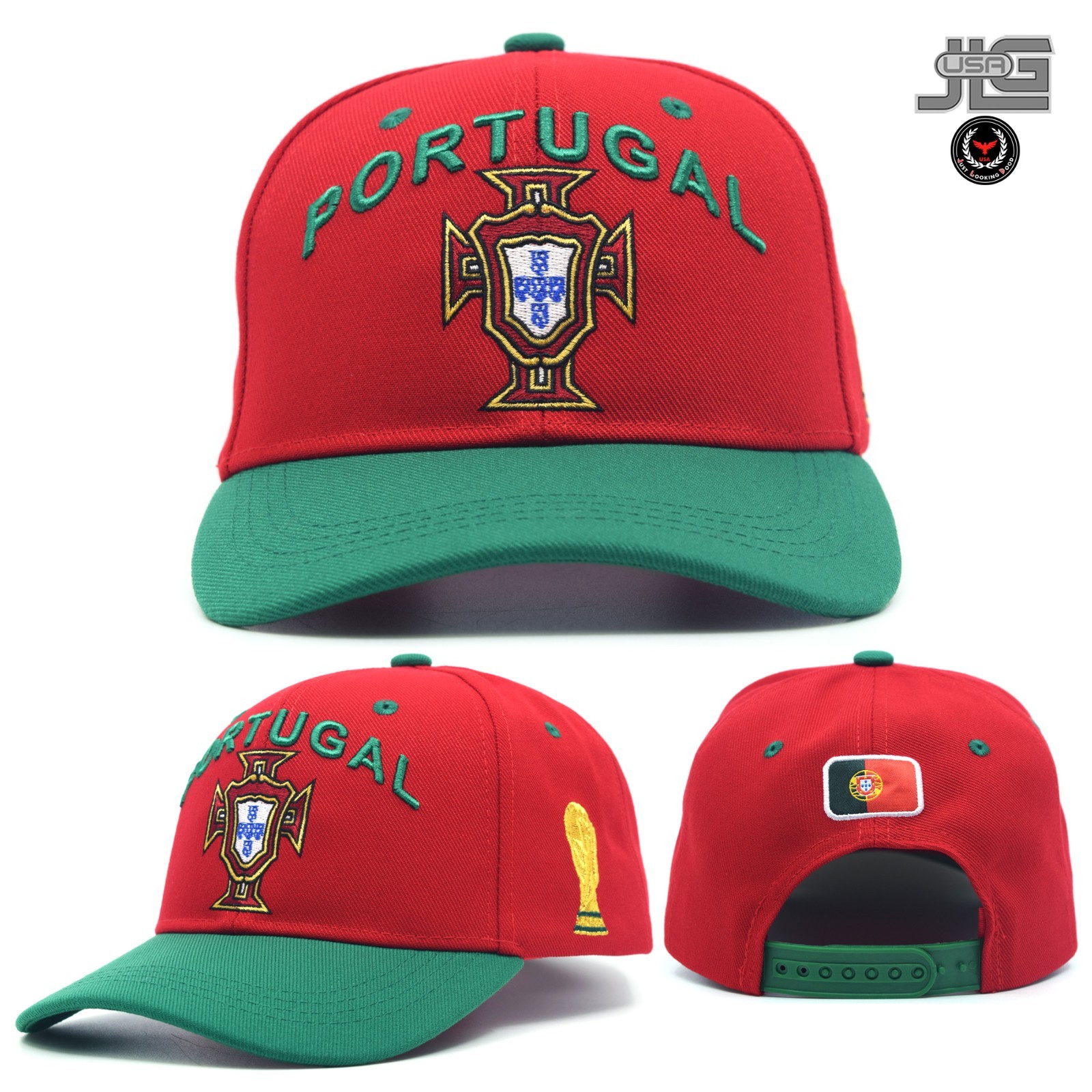 Portugal Soccer National Pride Snapback Hat Custom Shield Trophy Cap Red Green