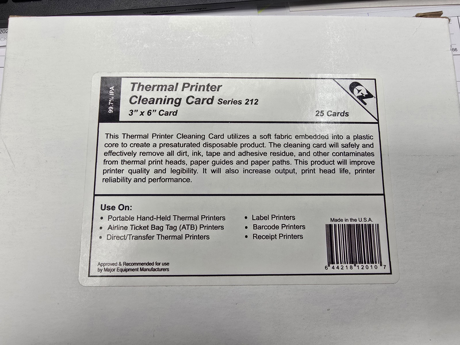 NIB Unopened Thermal Printer Cleaning Card Series 212 Pack of 25 3x6