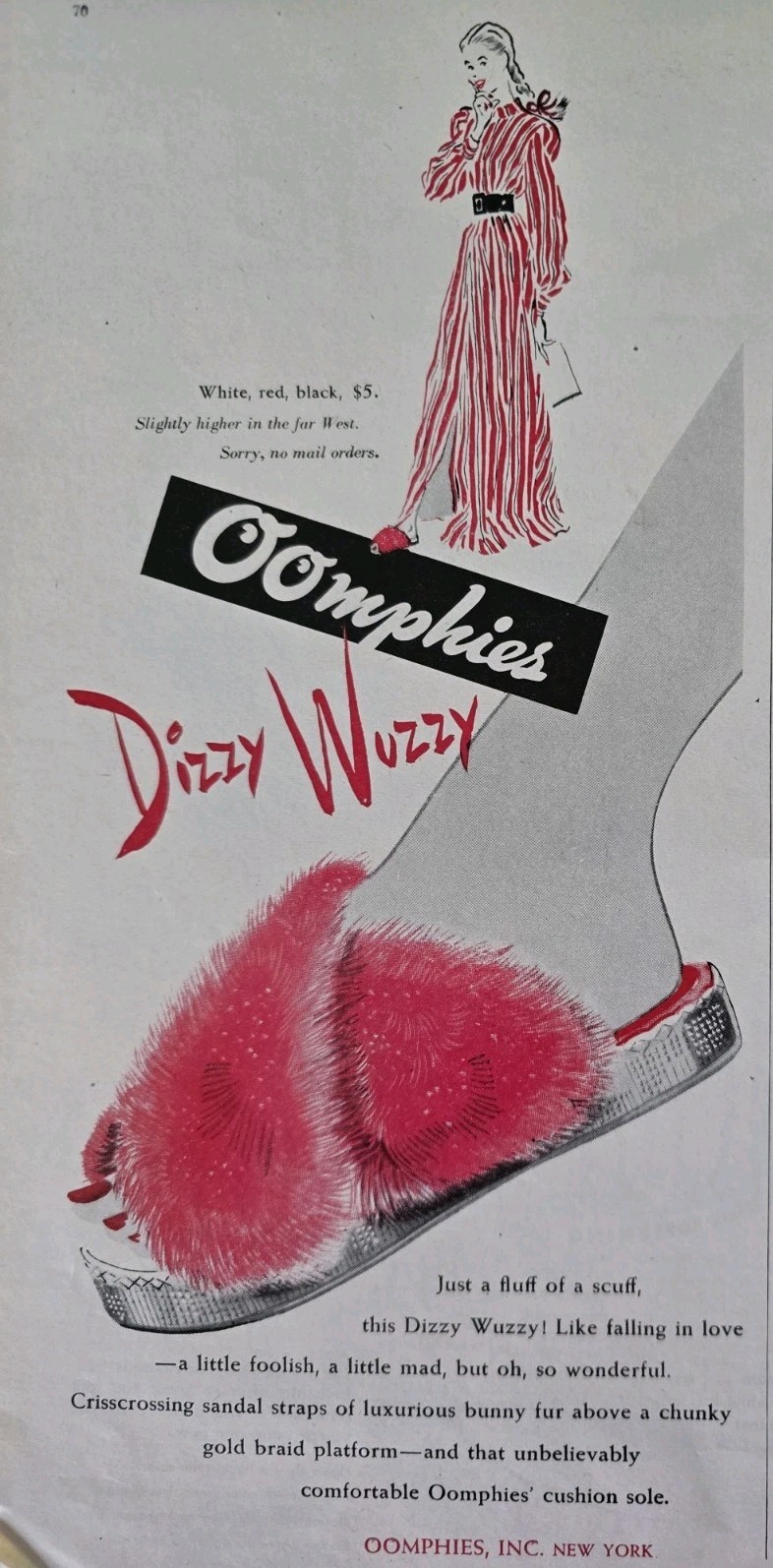 1946 Women's Red Oomphies Dizzy Wuzzy slippers shoes  Vintage Fashion Art ad