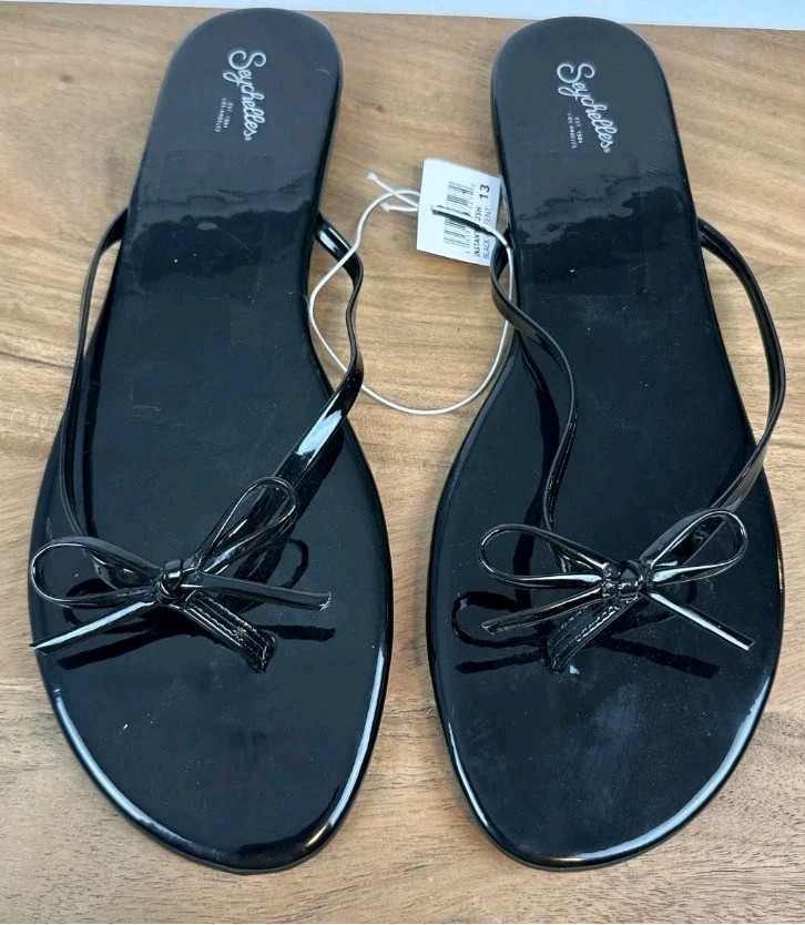New Womens Seychelles Wish List Black Bow Thong Flip Flops Sandals Size 13 NWOB