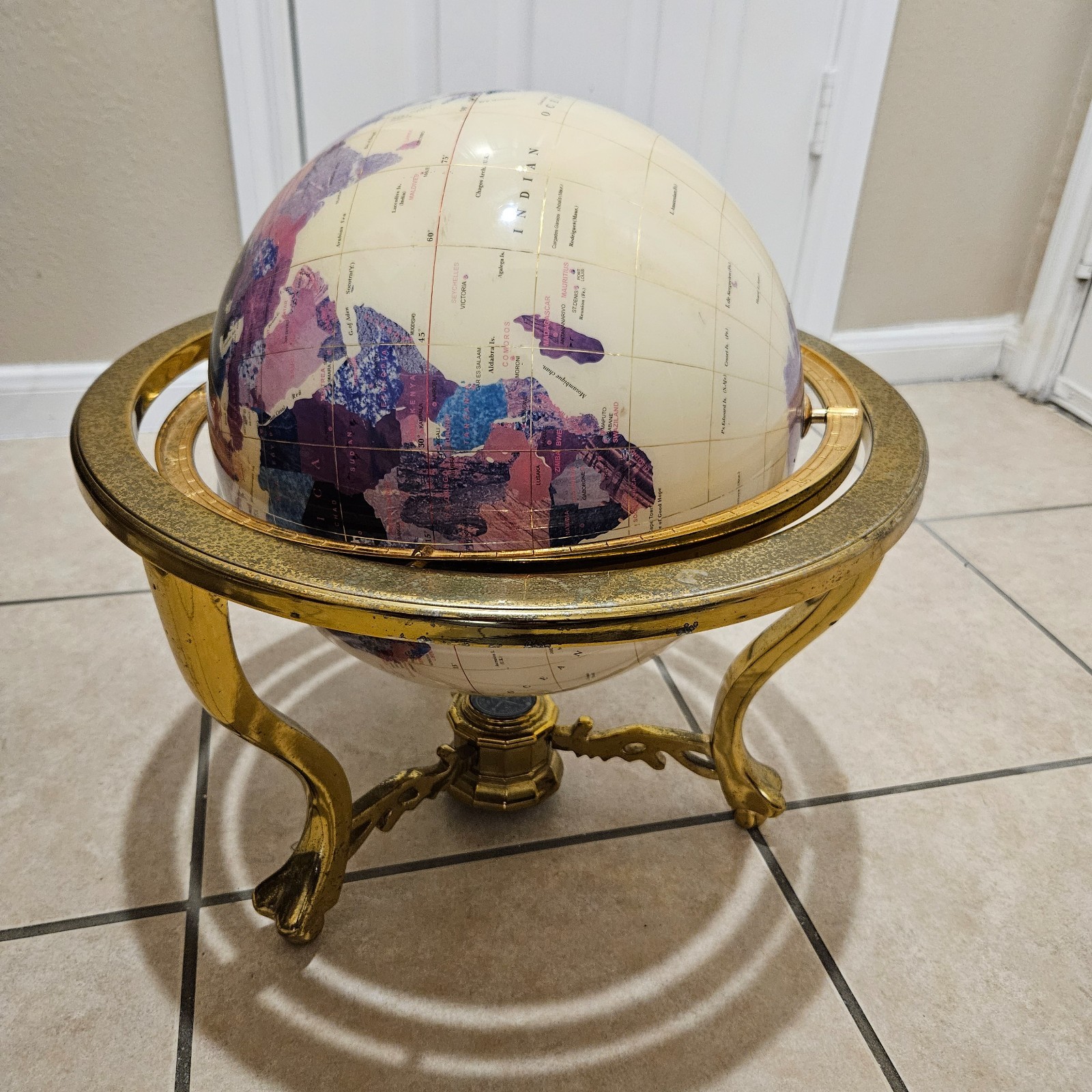17” Mother of Pearl Gemstone Globe on metal tripod gold tone stand