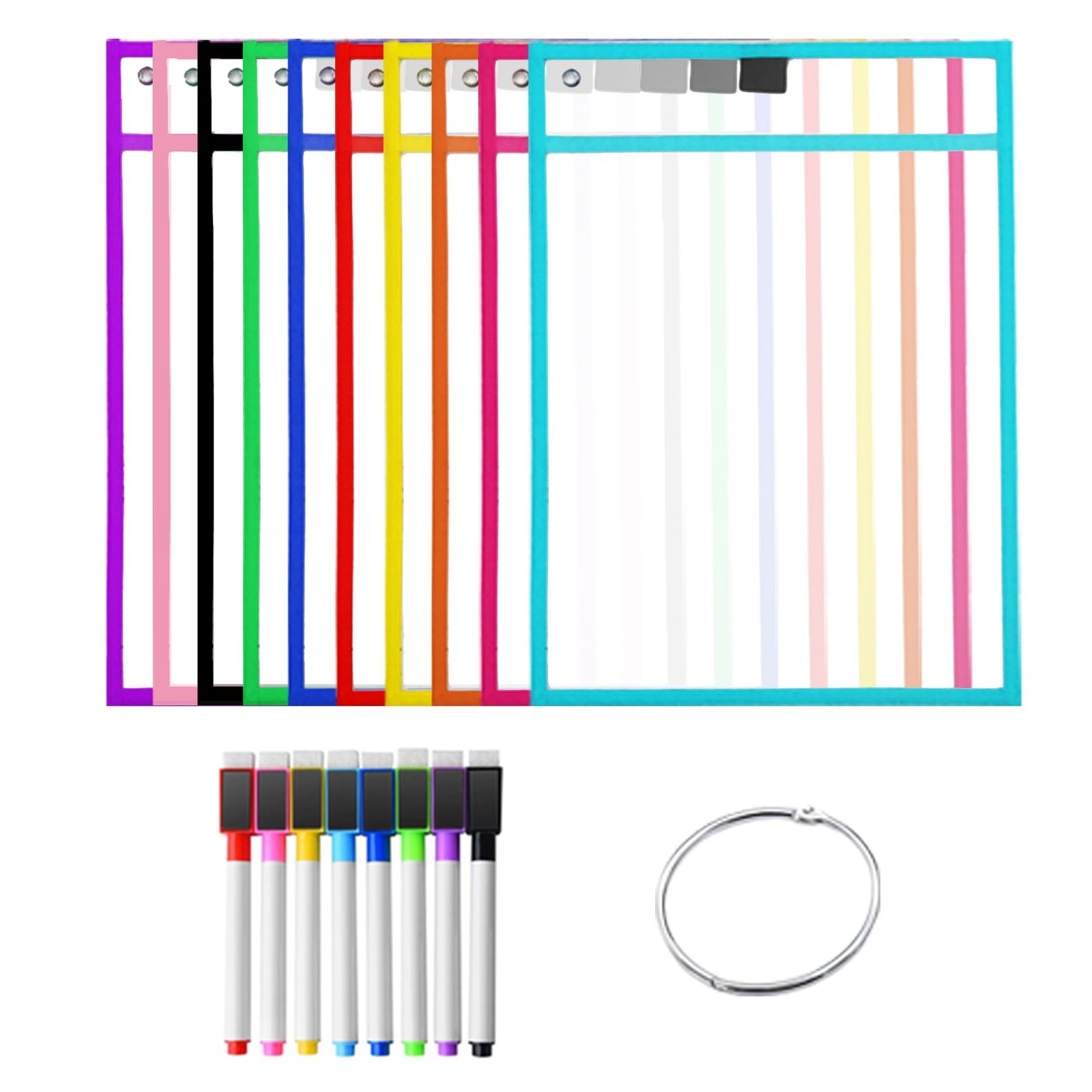 10 Pcs Color Dry Erase Pockets with 8 Pcs Color Dry Erase Markers 10 x 14 Inc...