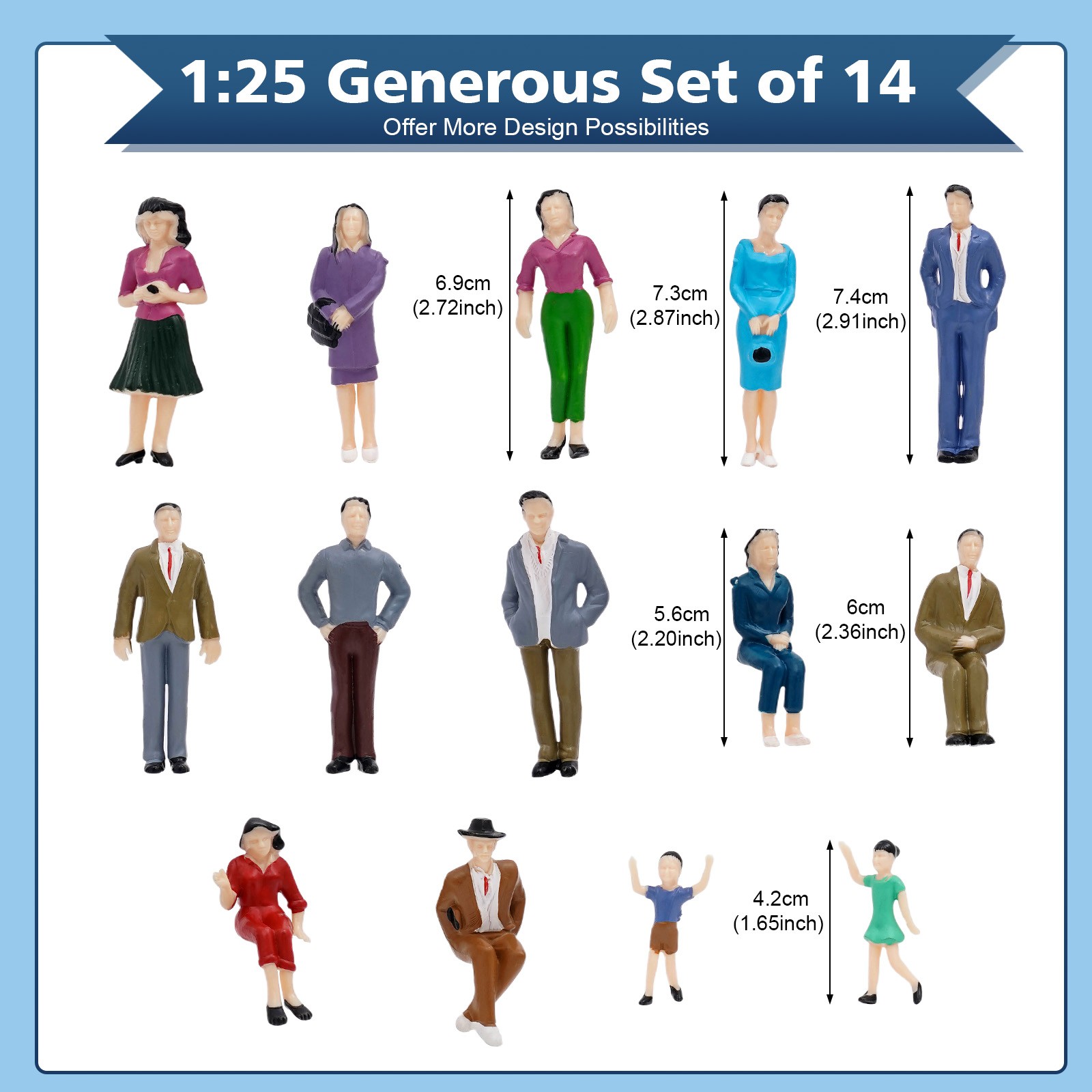 14PCS 1:25 Model Trains Miniature Painted Figures G Scale People Standing Seated