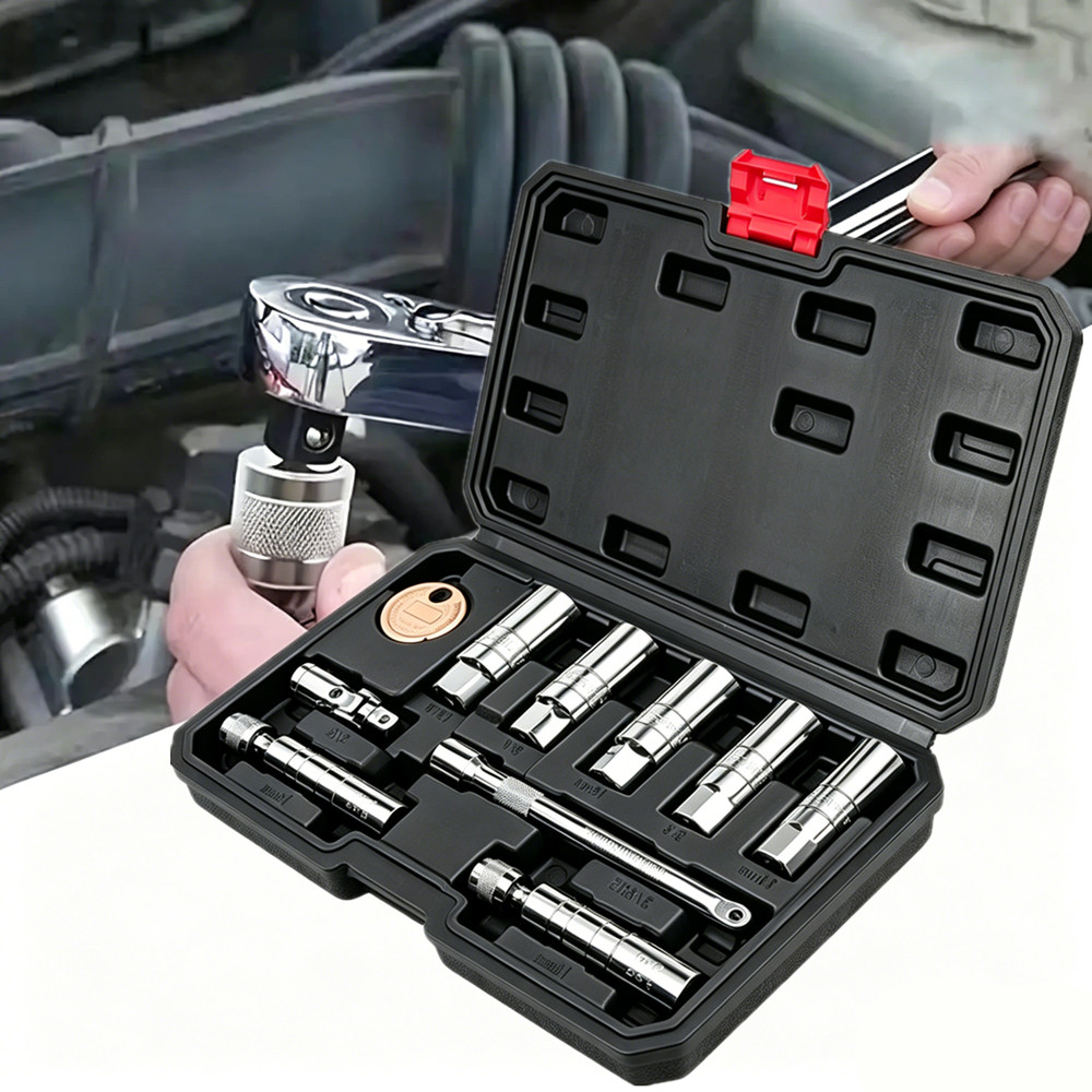 10PCS 3/8"Drive Magnetic Spark Plug Socket Set 6PT&12PT Extension Bar CR-V Steel