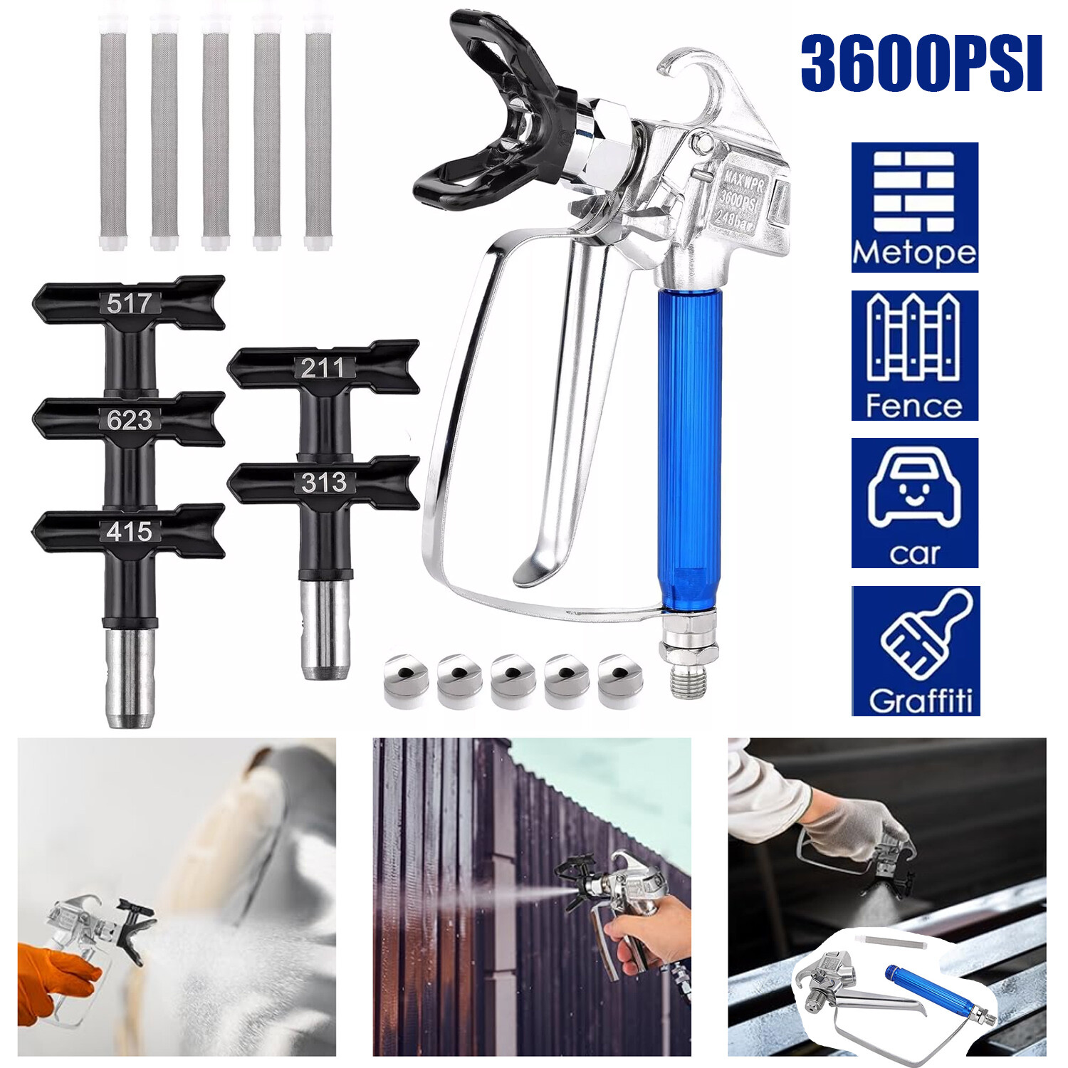 3600PSI Airless Paint Spray Gun with 517 Tip Nozzle Guard For Wagner Sprayers
