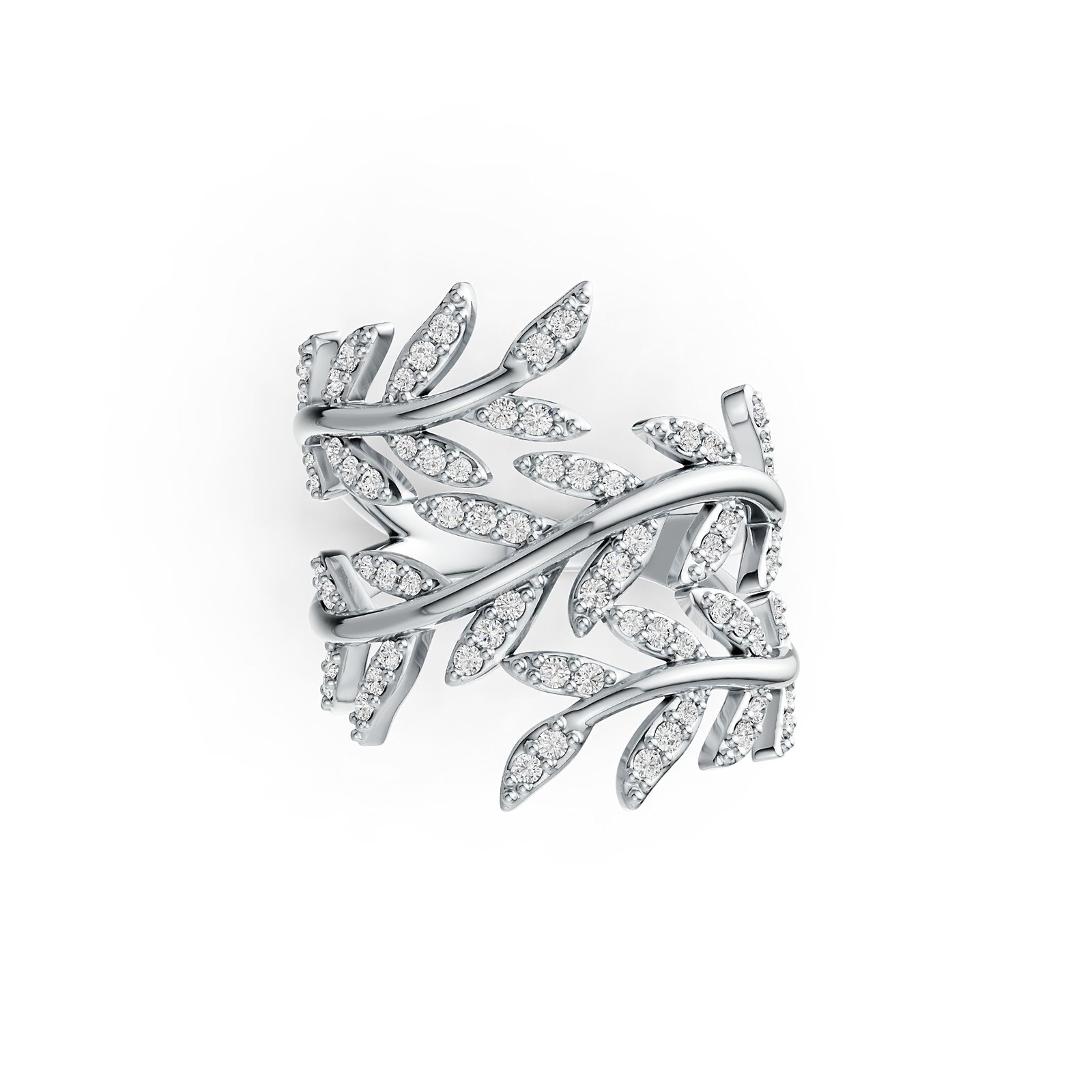 Sterling Silver Ring with White Topaz or Moissanite Leaf-and-Vine Theme Bypass