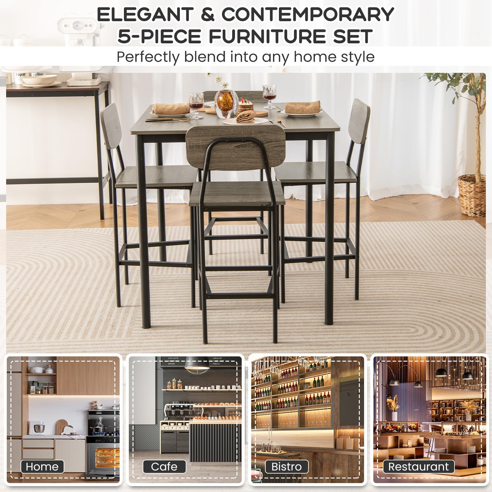 5-Piece Dining Table Set W/Counter Height Table & 4 Bar Stools, Modern Kitche...