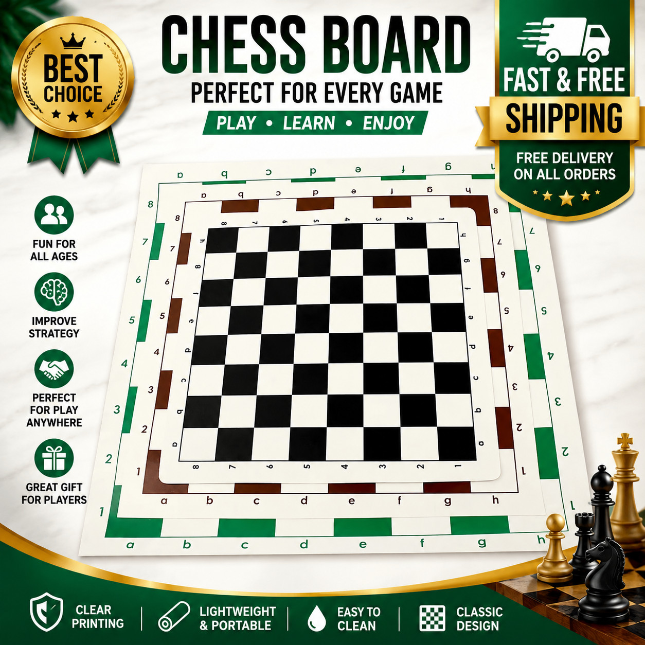 Portable Travel Tournament Chess Board 14"/17"/20" Foldable Vinyl Roll-Up Mat