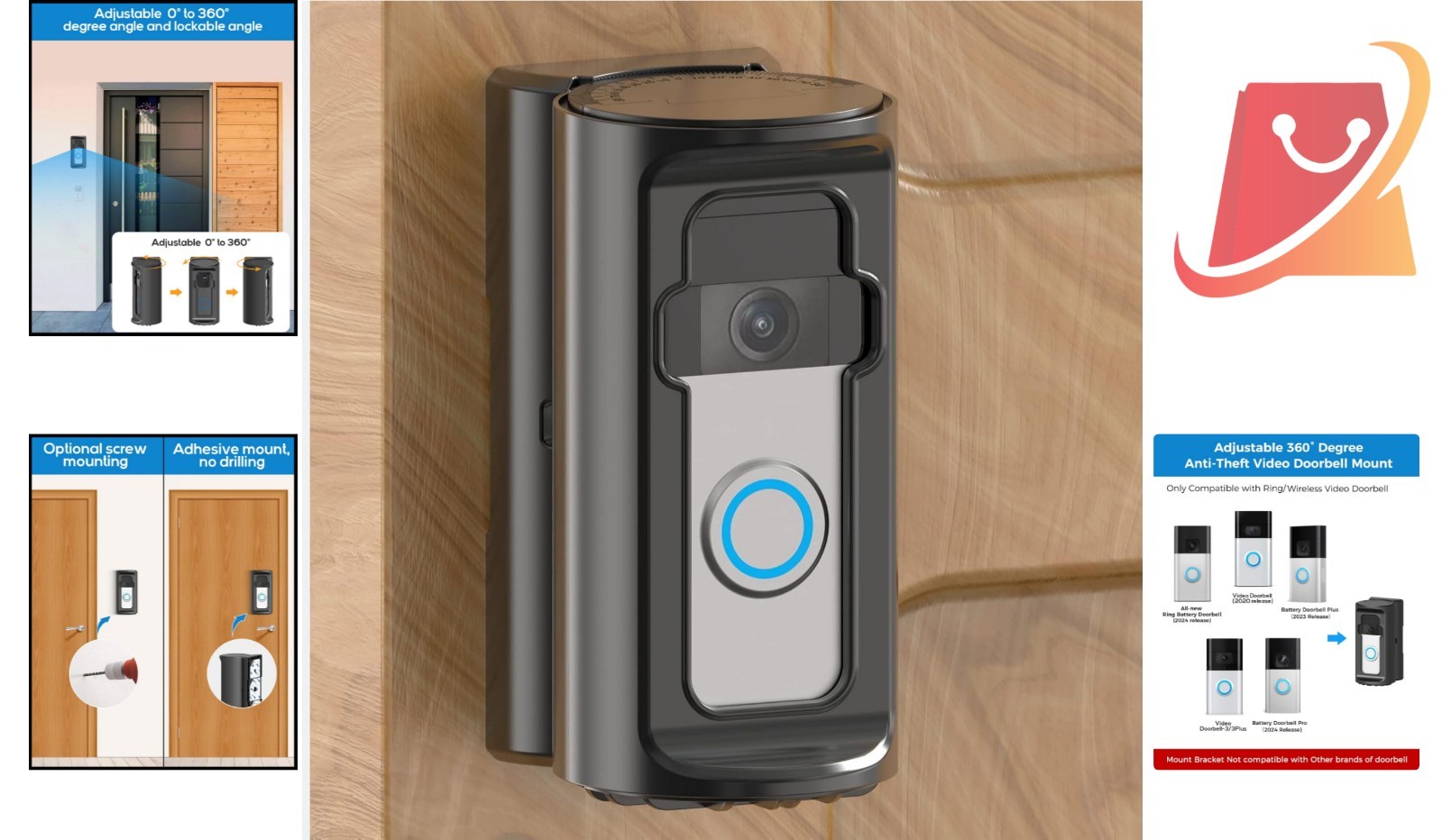 Anti-Theft Video Doorbell Mount ABS Adjustable 360° No-Drill for Ring