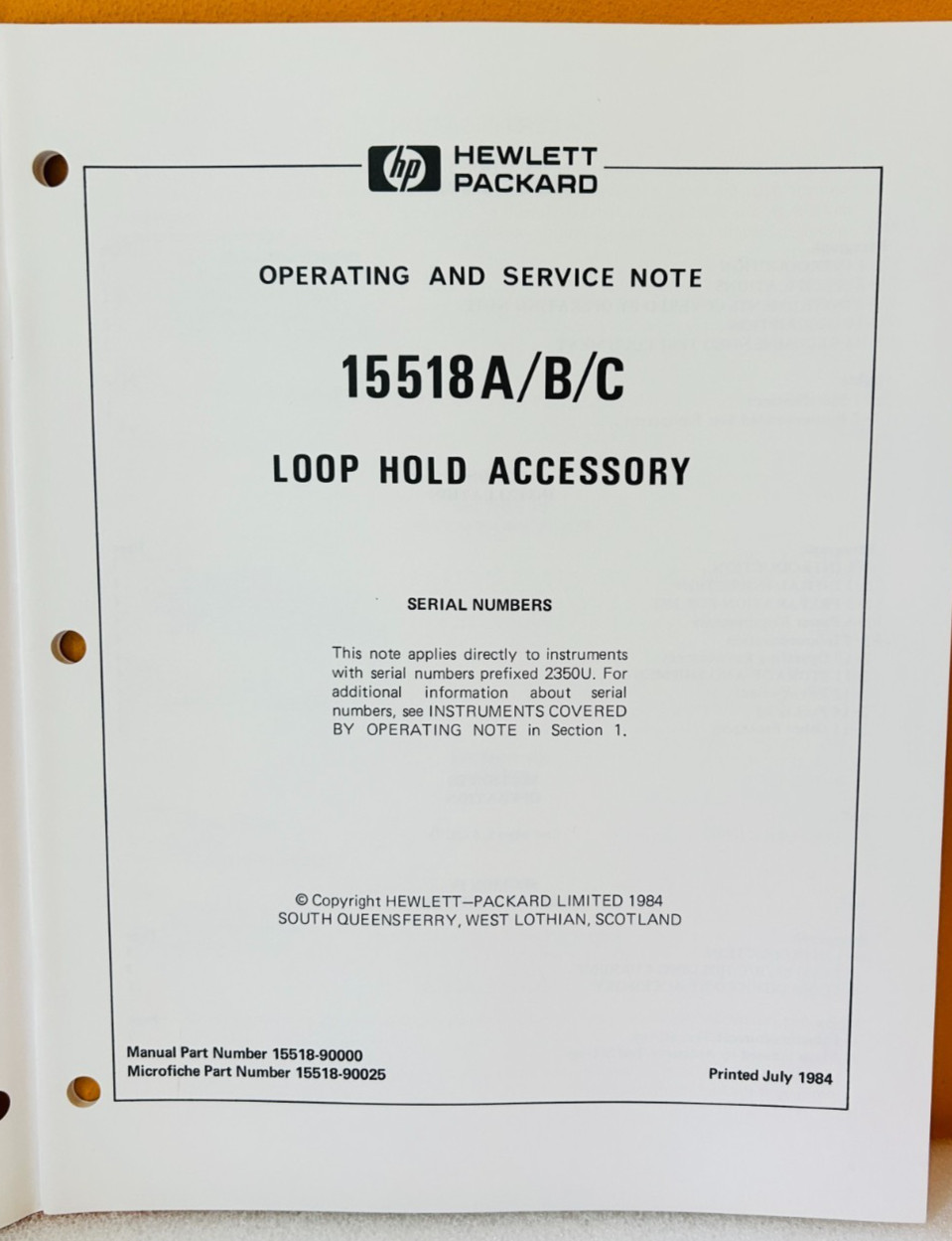HP 15518-90000 1984 15518A/B/C Loop Hold Accessory Oper & Service Note Manual.