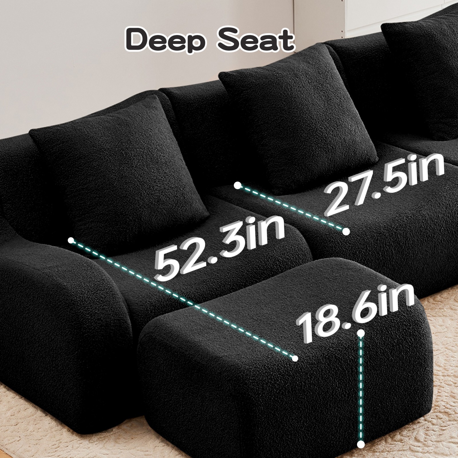 Teddy Fabric Modular Sectional Sofa, 2 Seat, Black, No Assembly